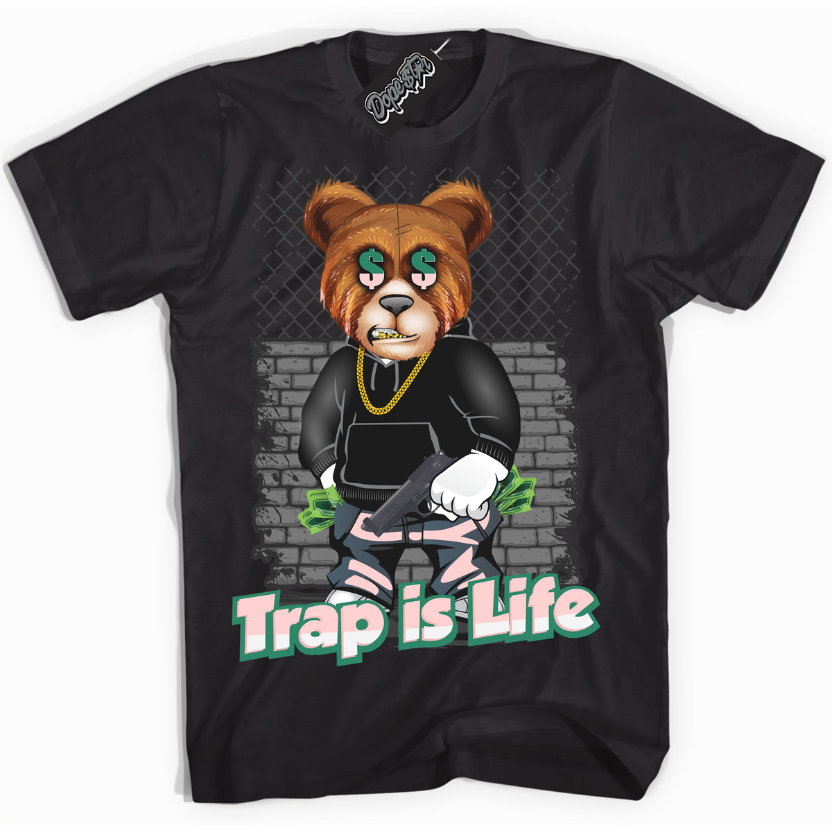 Cool Black Shirt with “ Trap Is Life ” design that perfectly matches Malachite Dunks Dunks.