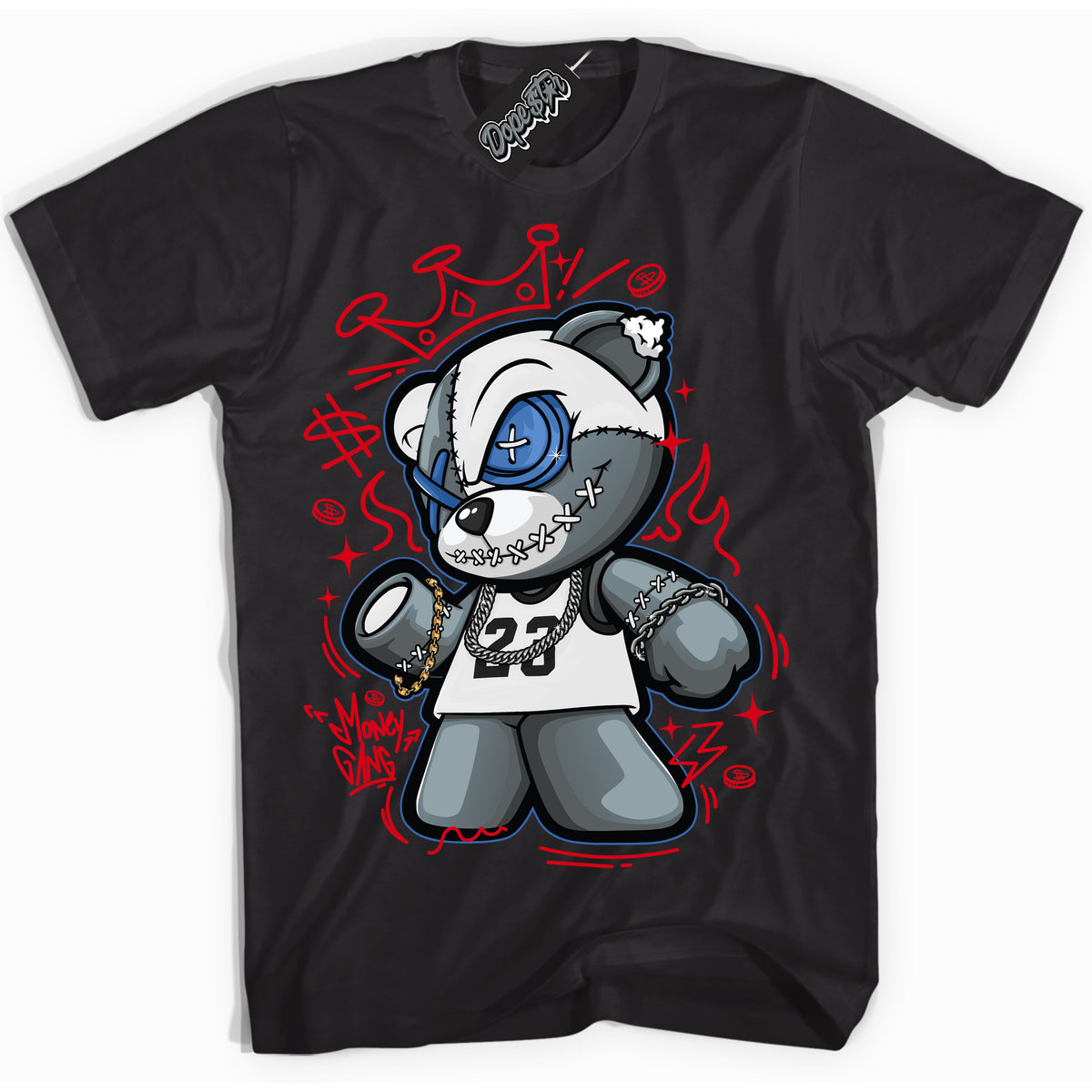 Cool Black Shirt with “ Money Gang Bear” design that perfectly matches Industrial Blue Sashiko 1s Sneakers.
