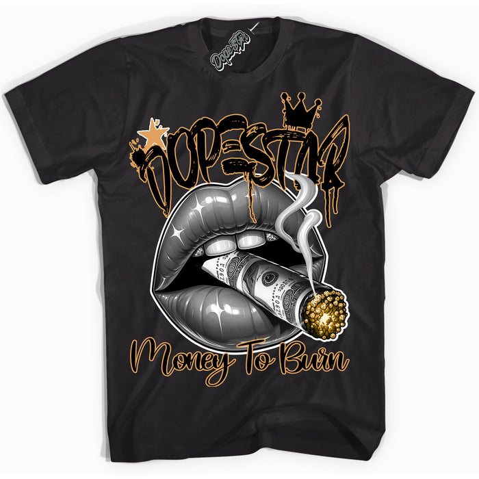 Cool Black Shirt with “ Money To Burn ” design that perfectly matches Gold Swoosh 1s Sneakers.
