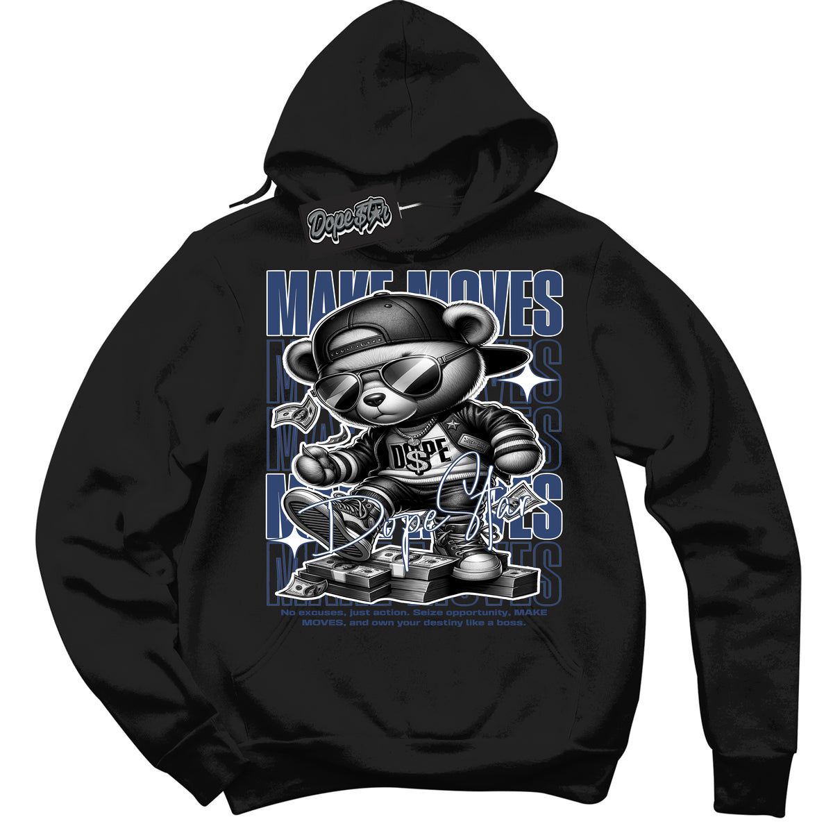 Cool Black Hoodie with “ Make Moves ” design that Perfectly Matches Diffused Blue 11s Jordans.