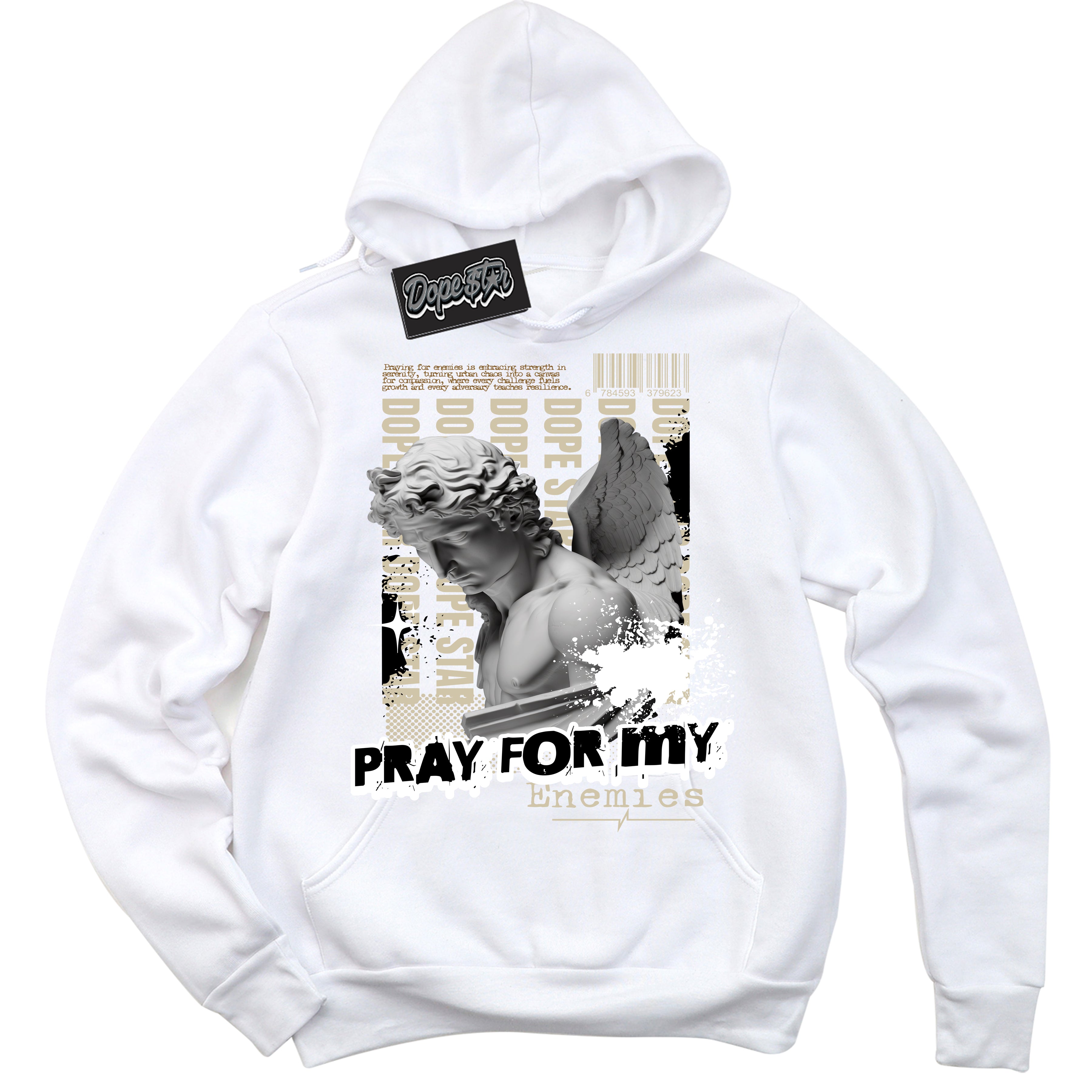 Cool White Hoodie with “ Pray Enemies ”  design that Perfectly Matches Gratitude 11s Sneakers.