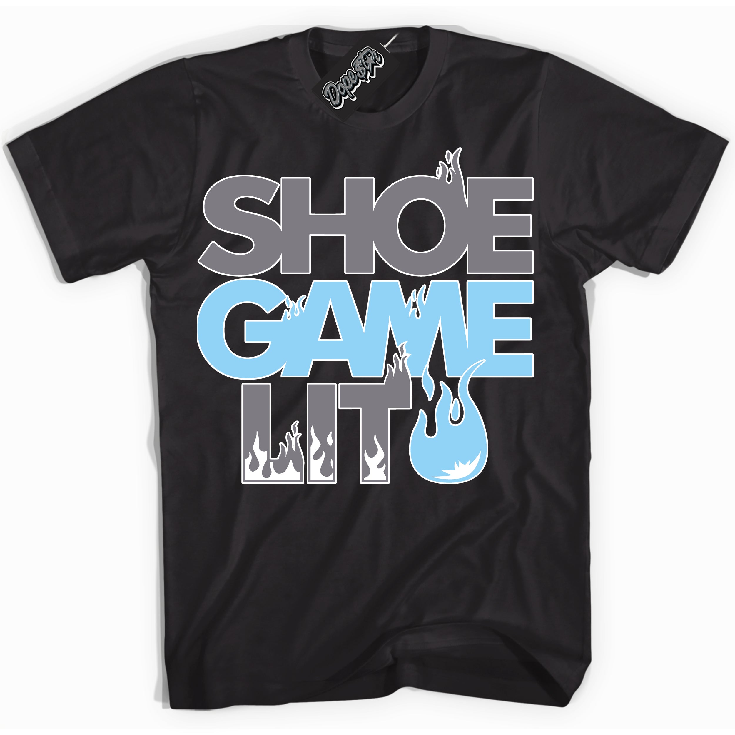 Cool Black Shirt with “ Shoe Game Lit ” design that perfectly matches Cement Grey 11s Sneakers.