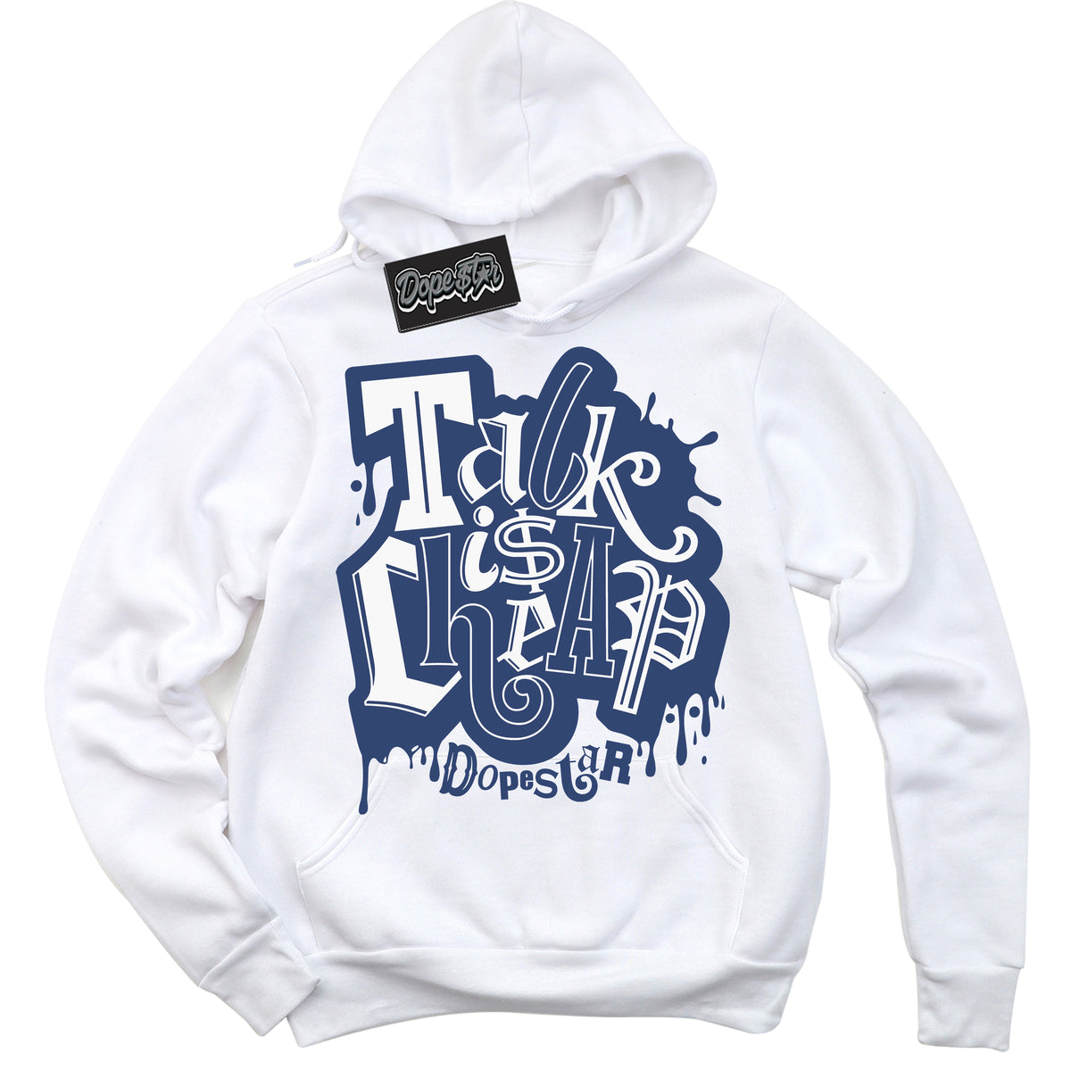 Cool White Hoodie with “ Talk Is Cheap ” design that Perfectly Matches Diffused Blue 11s Jordans.