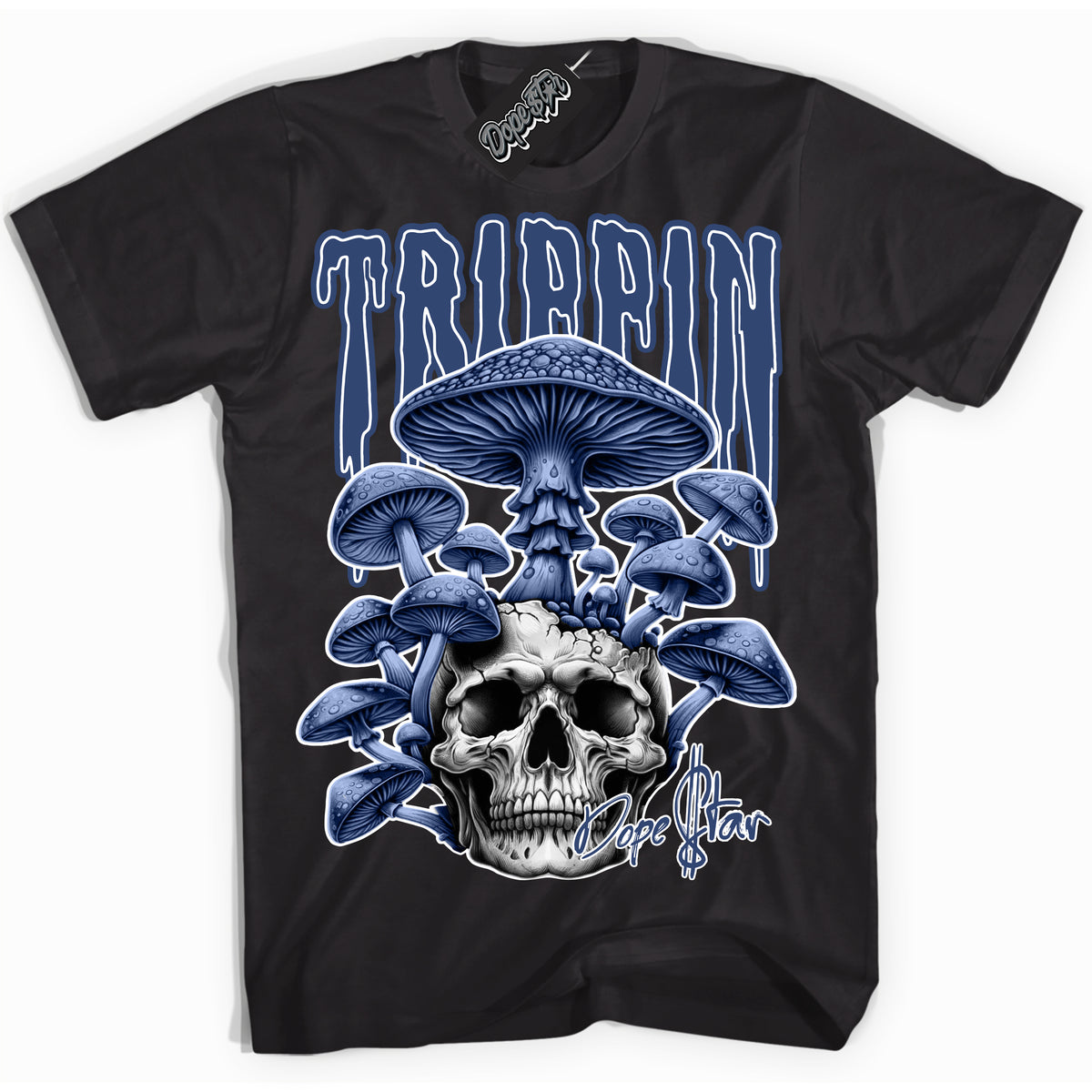 Cool Black Shirt with “ Trippin ” design that perfectly matches Diffused Blue 11s Jordans.