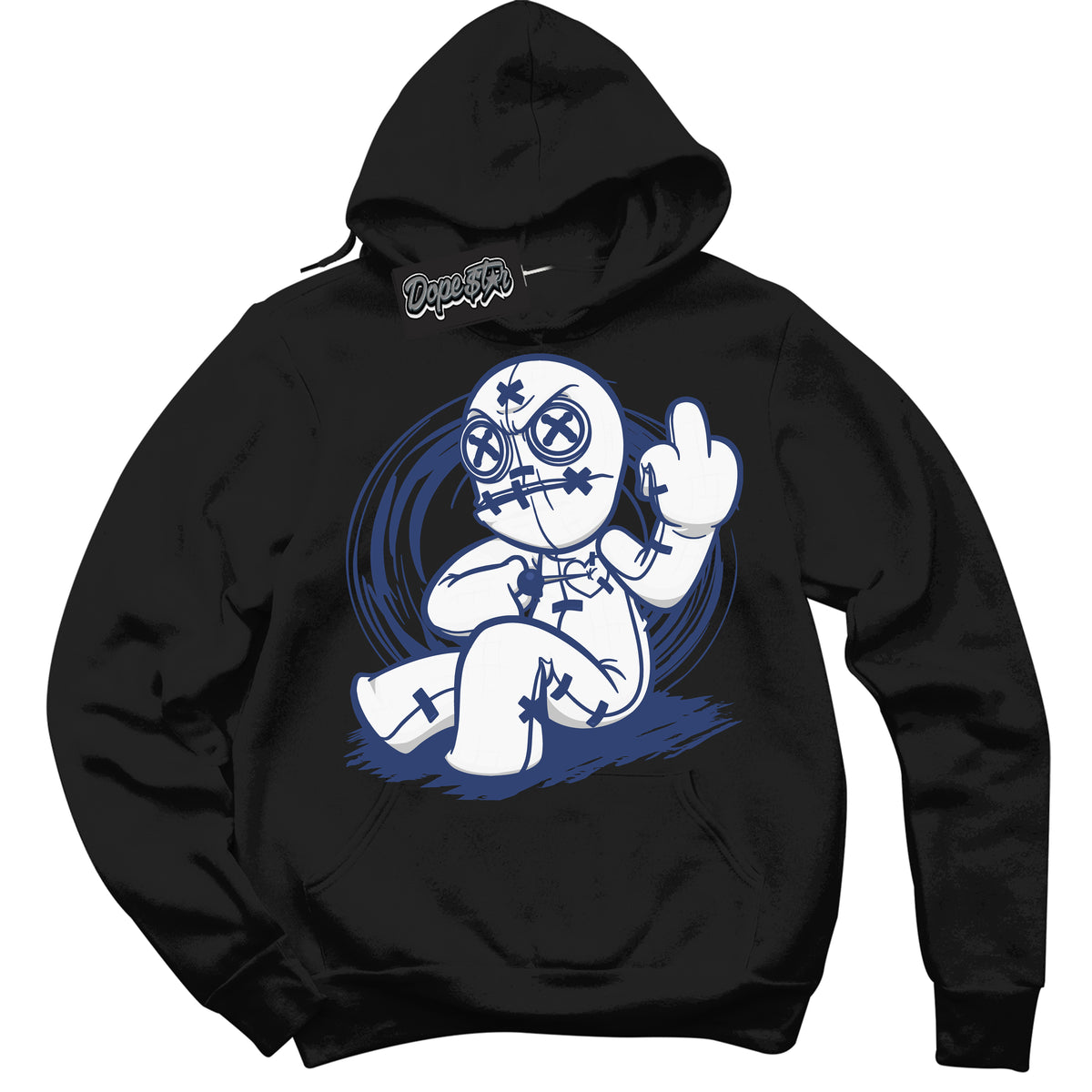 Cool Black Hoodie with “ Voodoo Doll ” design that Perfectly Matches Diffused Blue 11s Jordans.