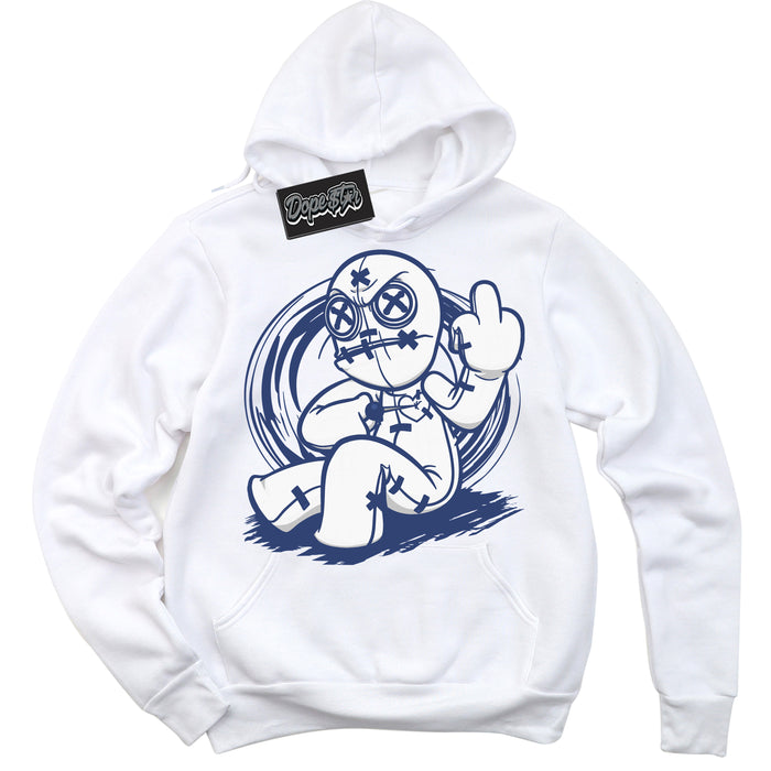 Cool White Hoodie with “ Voodoo Doll ” design that Perfectly Matches Diffused Blue 11s Jordans.