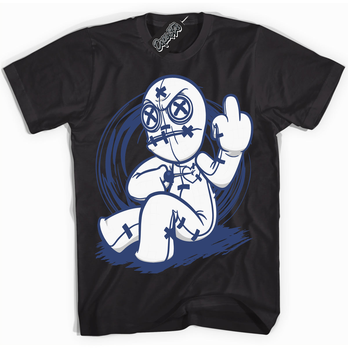 Cool Black Shirt with “ Voodoo Doll ” design that perfectly matches Diffused Blue 11s Jordans.