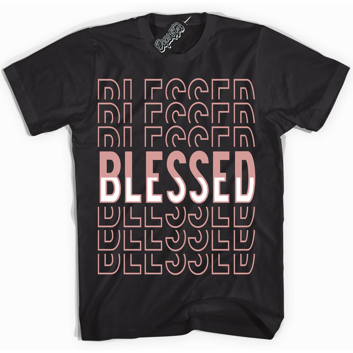 Cool Black Shirt with “ Blessed Stacked ” design that perfectly matches Legend Pink 11s Jordans.
