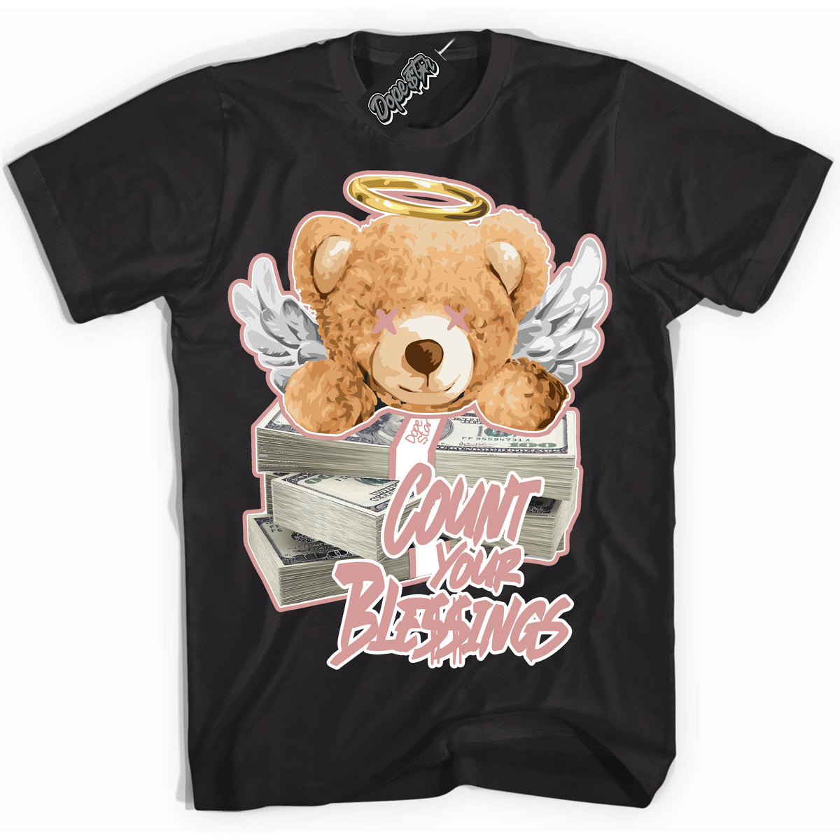 Cool Black Shirt with “ Count Your Blessings ” design that perfectly matches Legend Pink 11s Jordans.
