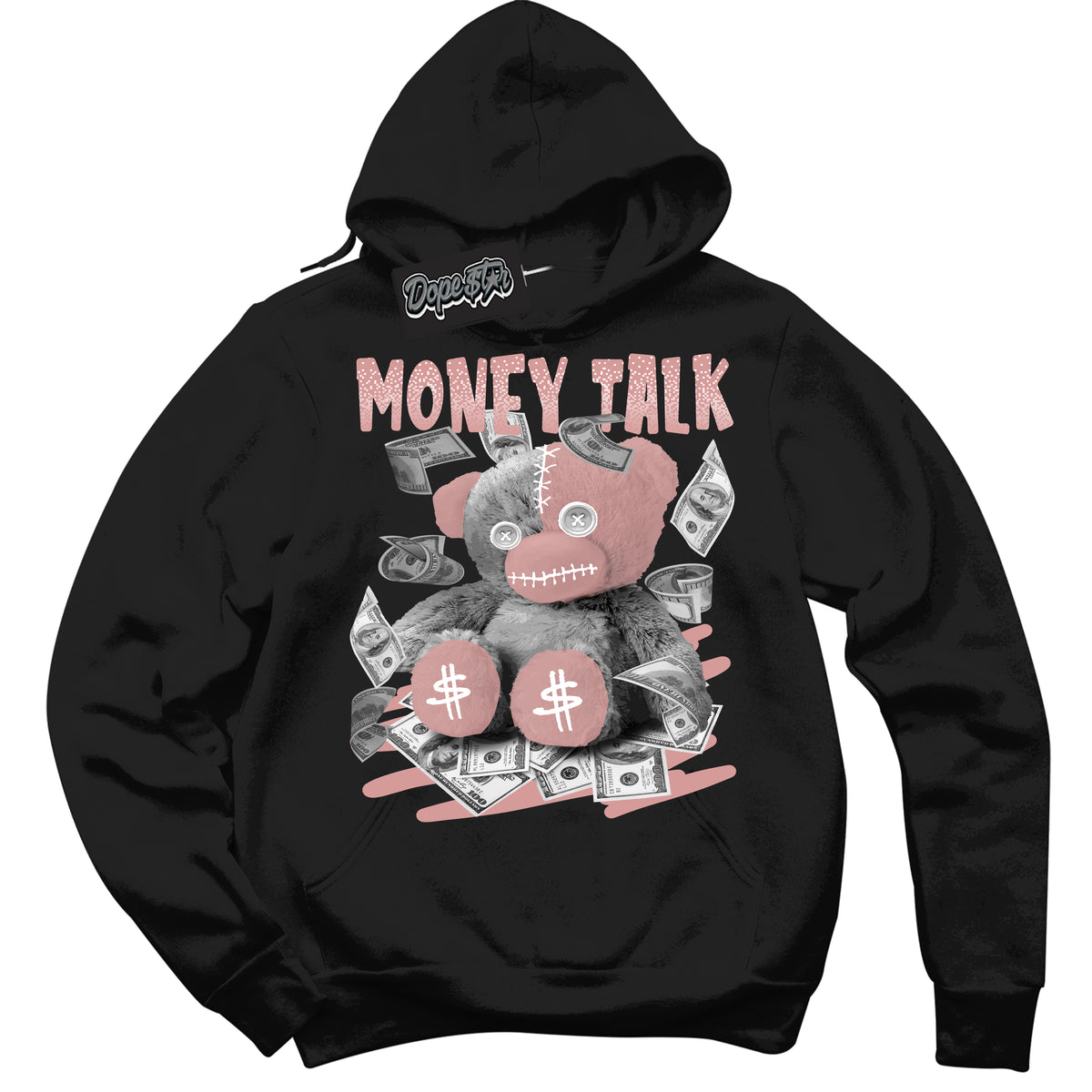 Cool Black Hoodie with “ Money Talk Bear ”  design that Perfectly Matches Legend Pink 11s Jordans.
