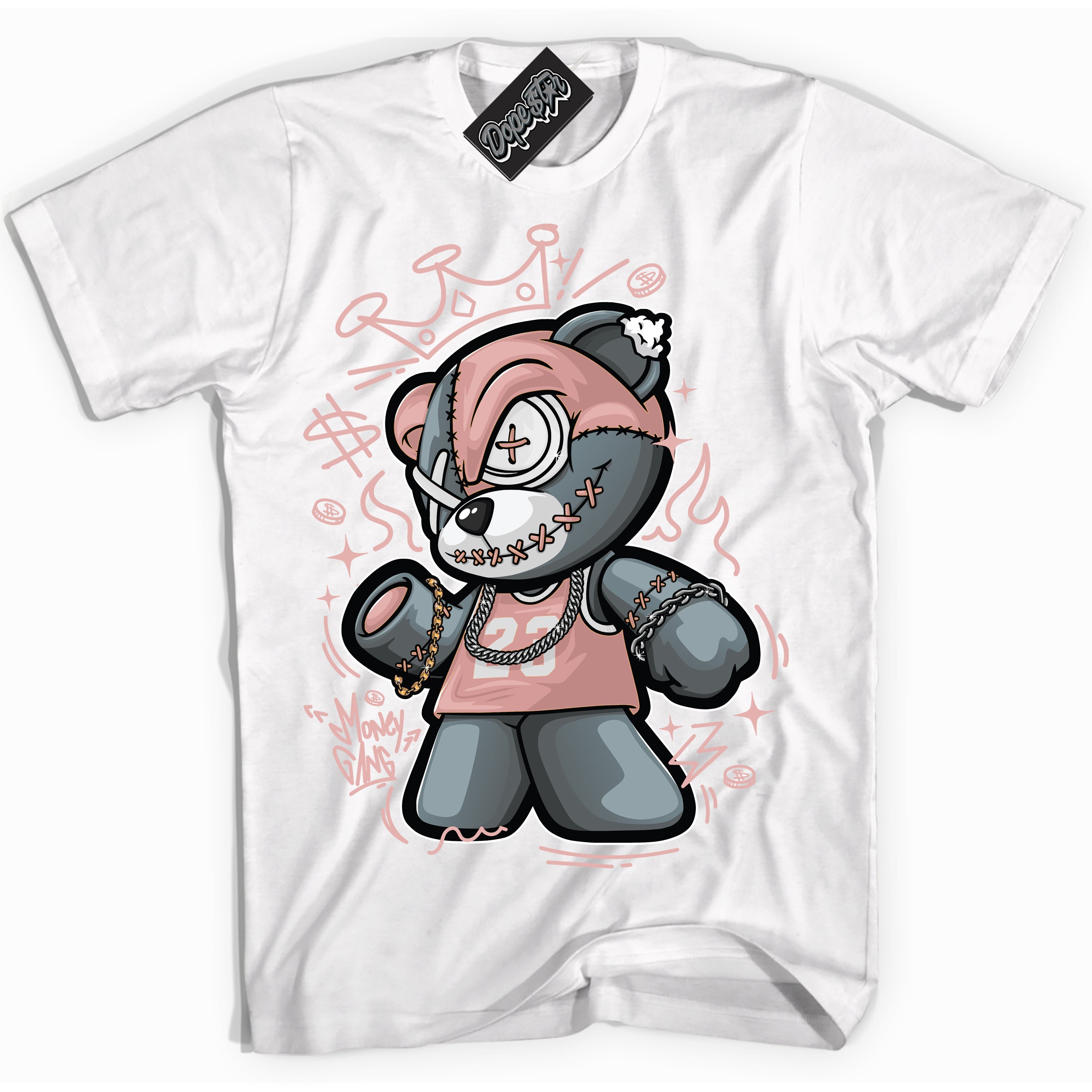Cool White Shirt with “ Money Gang Bear ” design that perfectly matches Legend Pink 11s Jordans.
