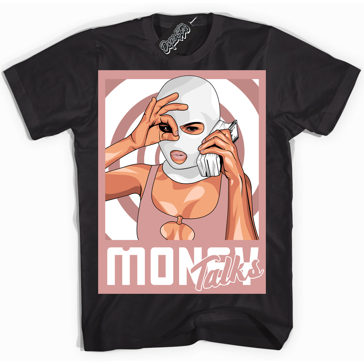 Cool Black Shirt with “ Money Talks ” design that perfectly matches Legend Pink 11s Jordans.
