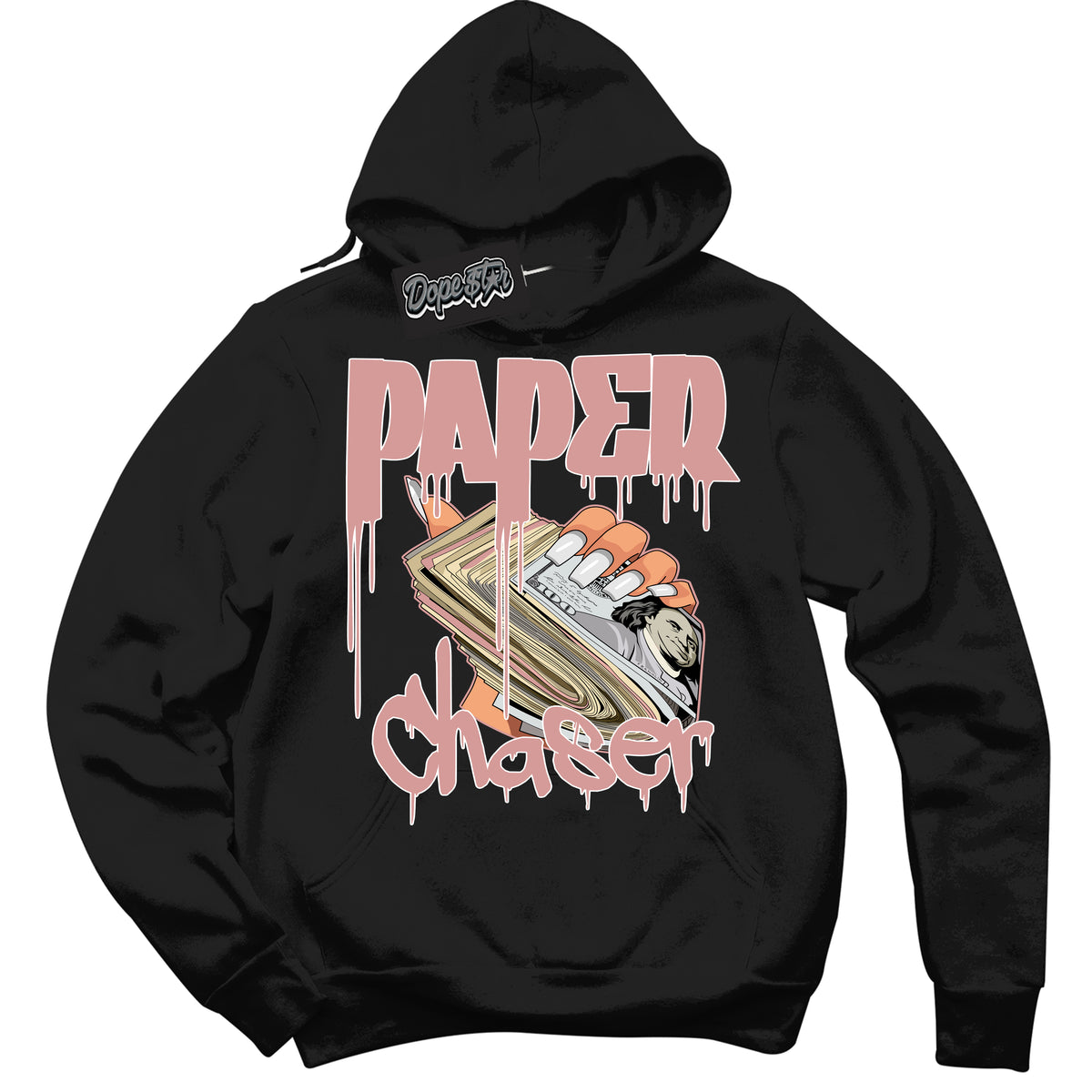 Cool Black Hoodie with “ Paper Chaser ”  design that Perfectly Matches Legend Pink 11s Jordans.
