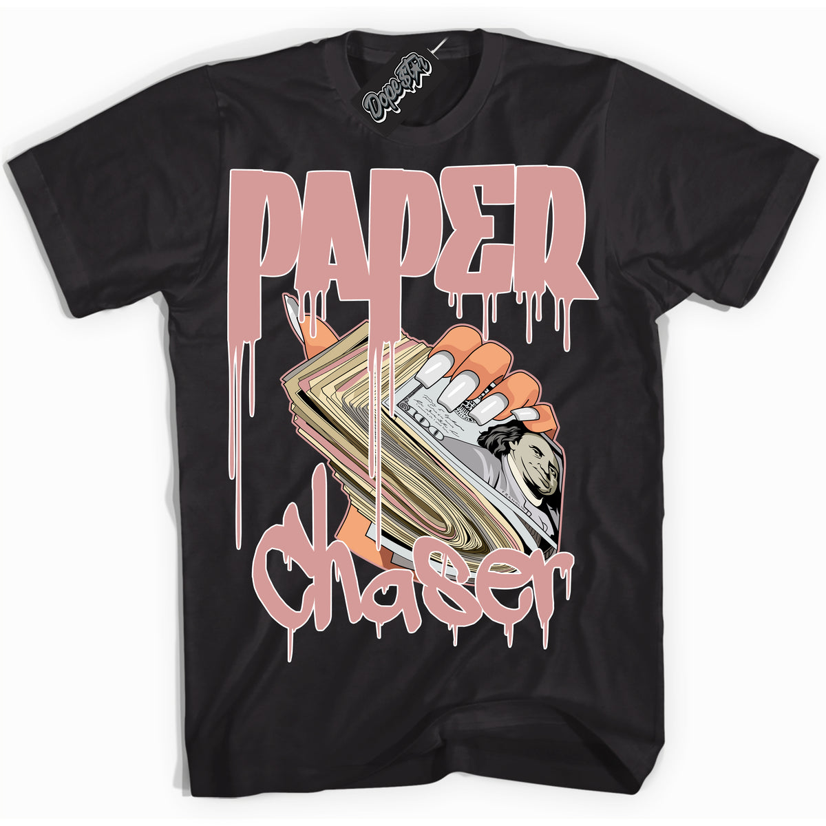 Cool Black Shirt with “ Paper Chaser ” design that perfectly matches Legend Pink 11s Jordans.
