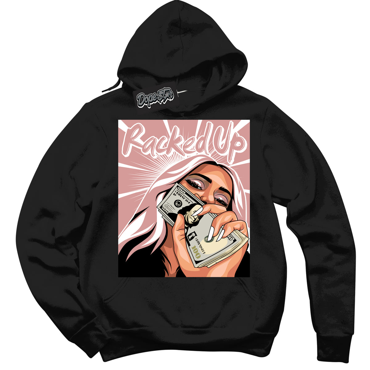 Cool Black Hoodie with “ Racked Up ”  design that Perfectly Matches Legend Pink 11s Jordans.
