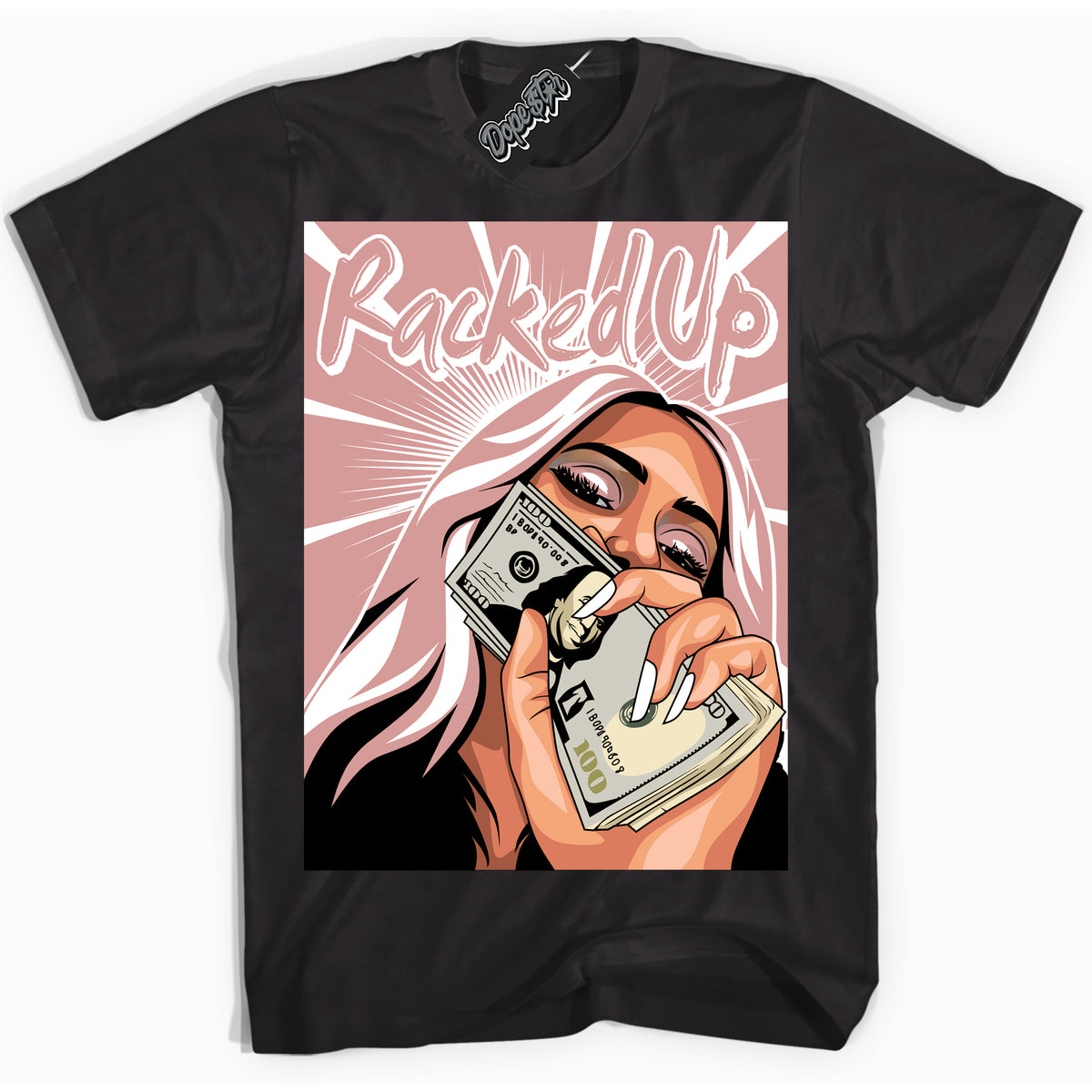 Cool Black Shirt with “ Racked Up ” design that perfectly matches Legend Pink 11s Jordans.
