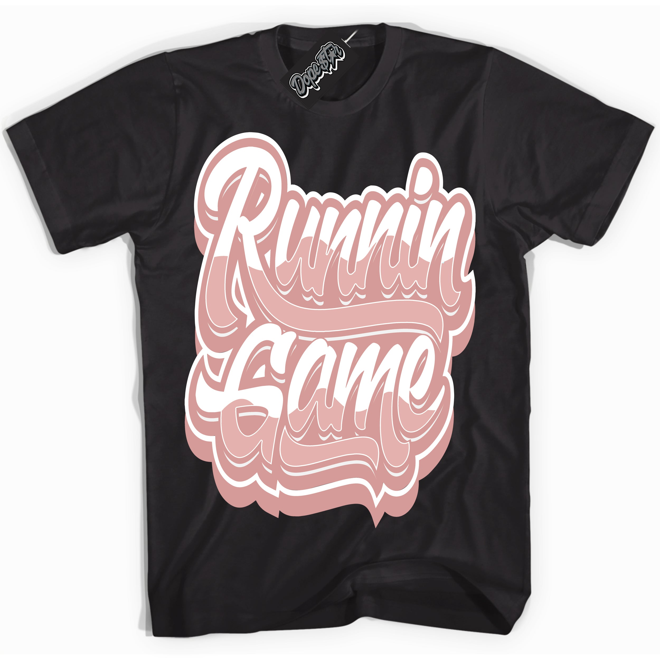 Cool Black Shirt with “ Running Game ” design that perfectly matches Legend Pink 11s Jordans.
