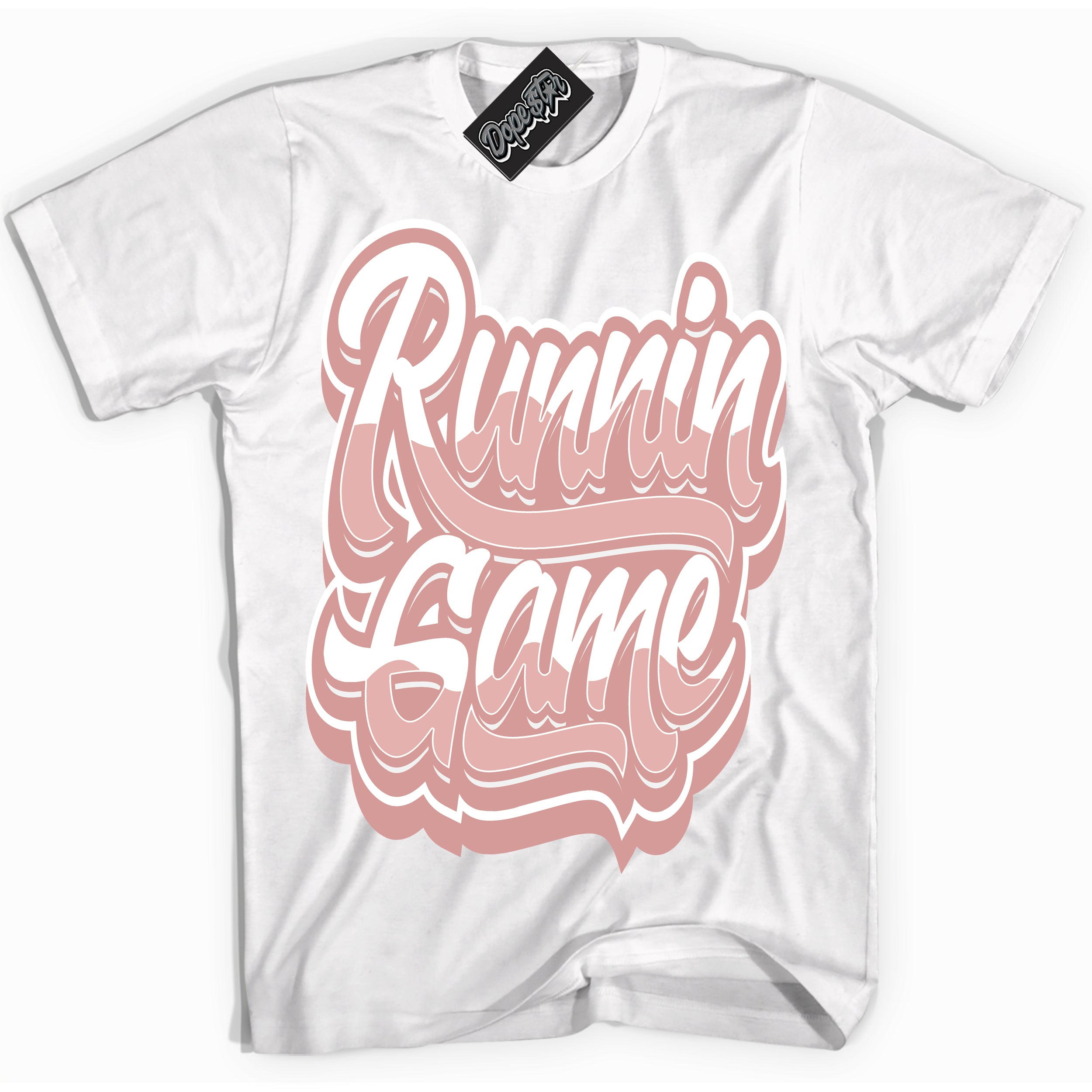 Cool White Shirt with “ Running Game ” design that perfectly matches Legend Pink 11s Jordans.

