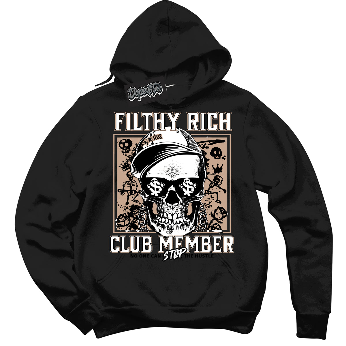 Cool Black Hoodie with “ Filthy Rich ”  design that Perfectly Matches Neapolitan 11s Sneakers.