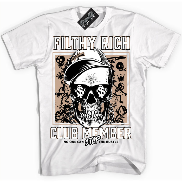 Cool White Shirt with “ Filthy Rich” design that perfectly matches Neapolitan 11s Sneakers.
