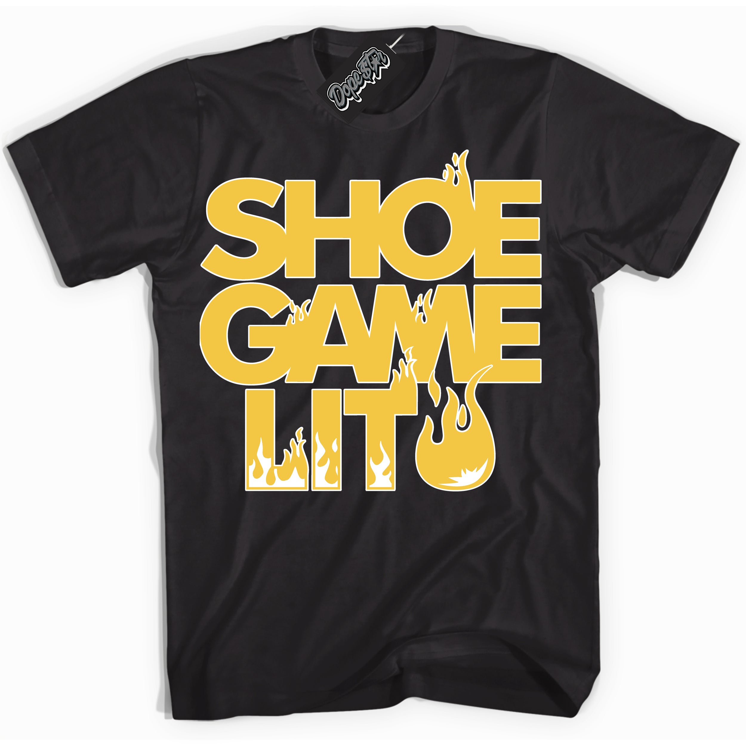 Cool Black Shirt with “ Shoe Game Lit ” design that perfectly matches Tour Yellow Snakeskin 11s Sneakers.