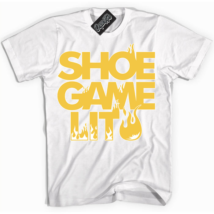 Cool White Shirt with “ Shoe Game Lit ” design that perfectly matches Tour Yellow Snakeskin 11s Sneakers.