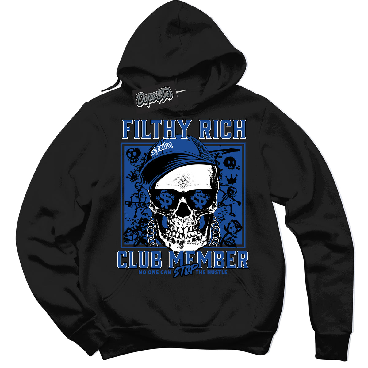 AJ12 Retro Blueberry ‘Filthy Rich’ – Black Streetwear Hoodie | Sneaker Matching sweatshirt for AJ12 Retro Blueberry | Men's and Women's Streetwear Graphic Hoodie by Sneaker Shirts Outlet.
