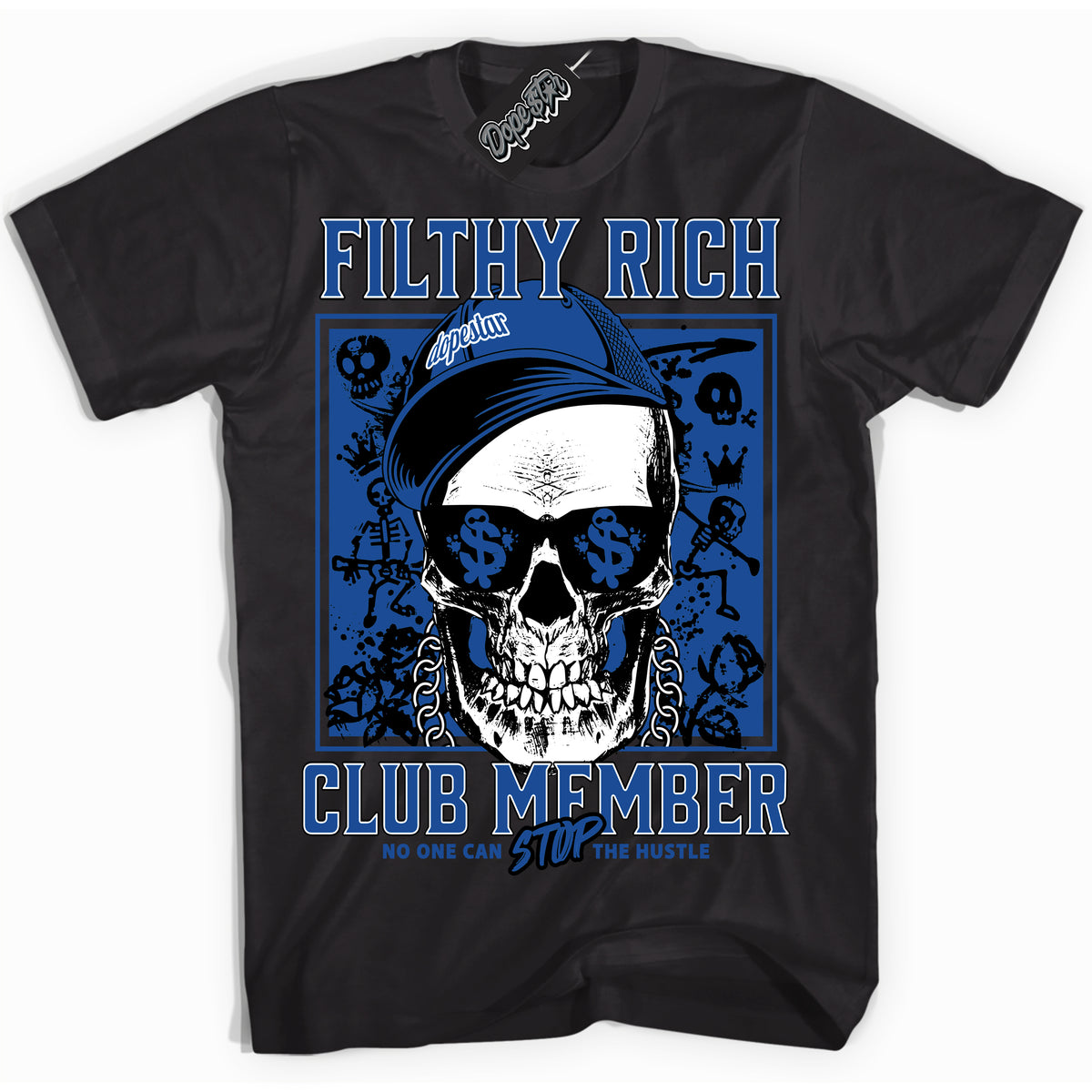 AJ12 Retro Blueberry ‘Filthy Rich’ – Black Streetwear T-Shirt | Sneaker Matching shirt for AJ12 Retro Blueberry | Men's and Women's Streetwear Graphic Tee by Sneaker Shirts Outlet.
