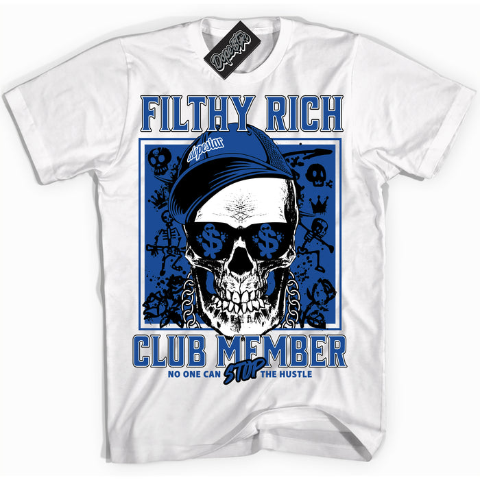 AJ12 Retro Blueberry ‘Filthy Rich’ – White Streetwear T-Shirt | Sneaker Matching shirt for AJ12 Retro Blueberry | Men's and Women's Streetwear Graphic Tee by Sneaker Shirts Outlet.
