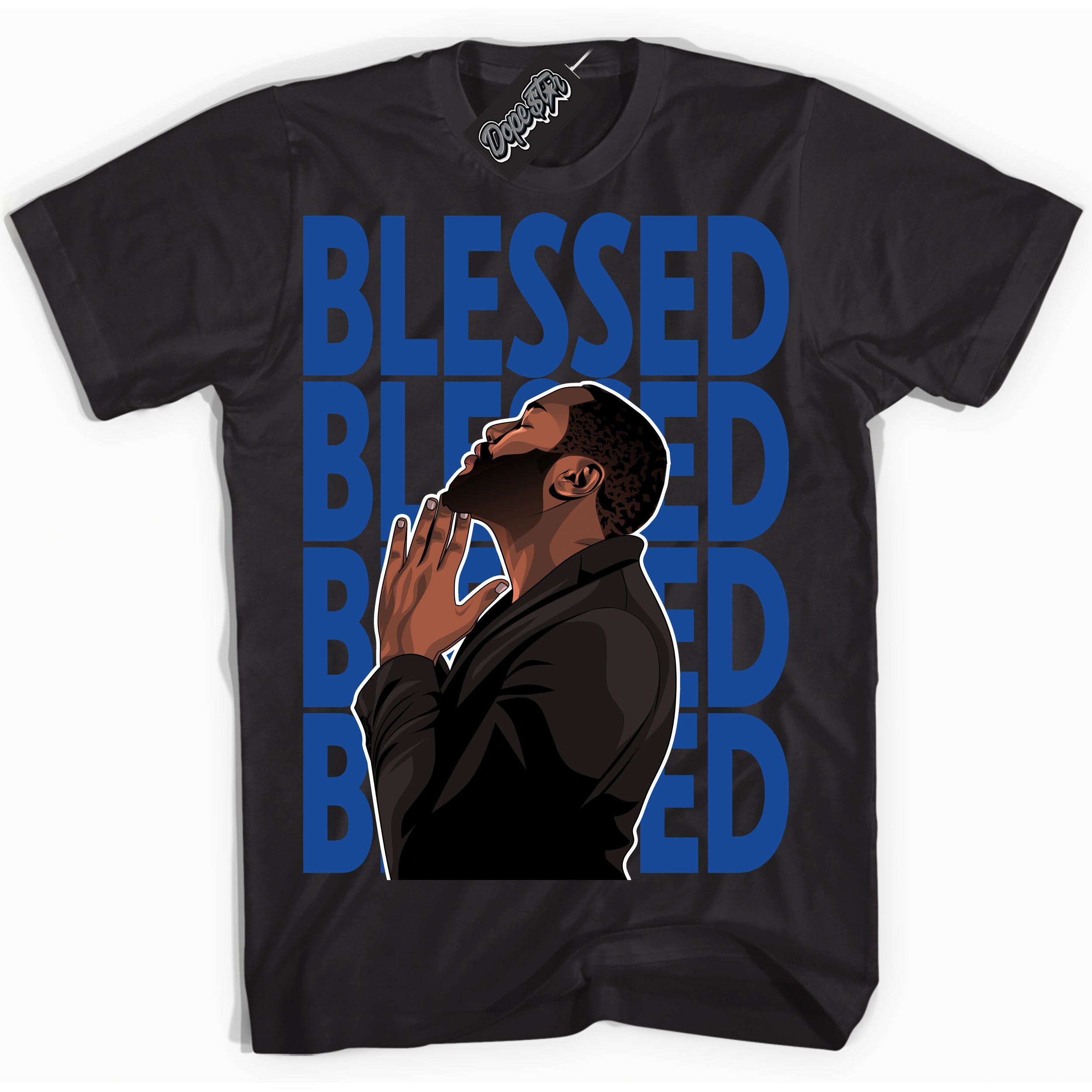 AJ12 Retro Blueberry ‘God Blessed’ – Black Streetwear T-Shirt | Sneaker Matching shirt for AJ12 Retro Blueberry | Men's and Women's Streetwear Graphic Tee by Sneaker Shirts Outlet.

