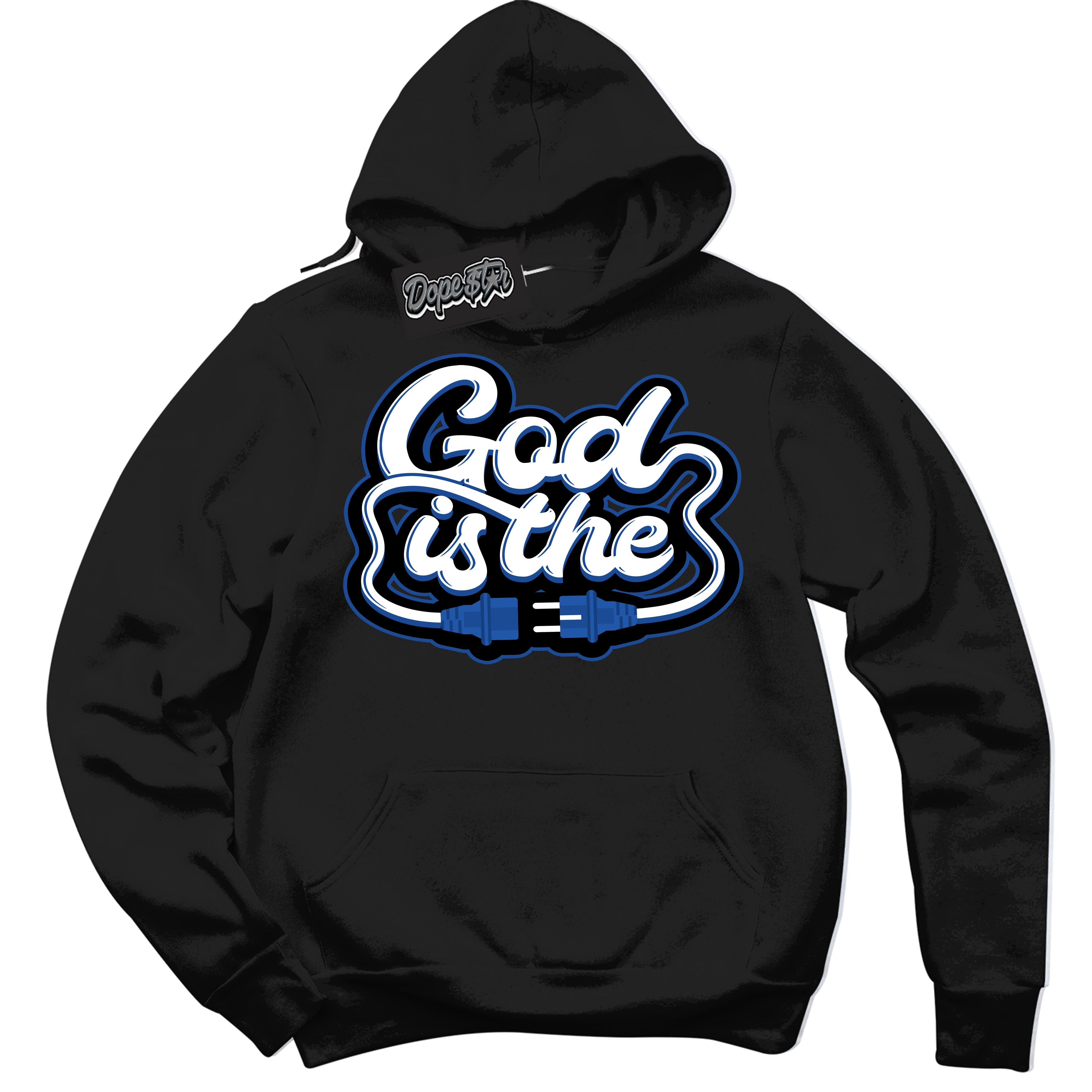 AJ12 Retro Blueberry ‘God Is The’ – Black Streetwear Hoodie | Sneaker Matching sweatshirt for AJ12 Retro Blueberry | Men's and Women's Streetwear Graphic Hoodie by Sneaker Shirts Outlet.

