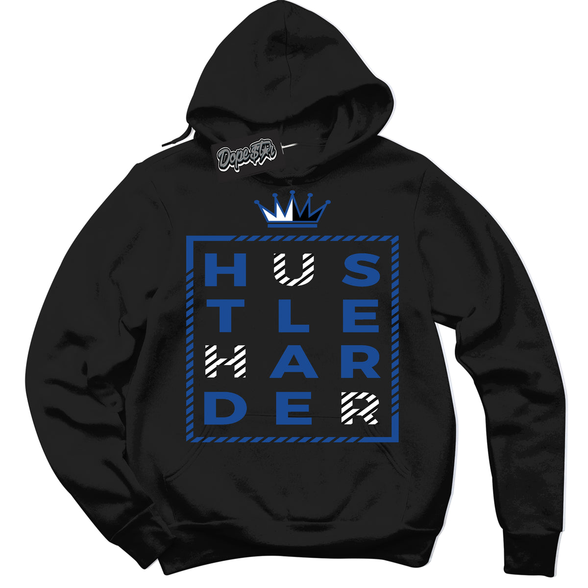 AJ12 Retro Blueberry ‘Hustle Harder’ – Black Streetwear Hoodie | Sneaker Matching sweatshirt for AJ12 Retro Blueberry | Men's and Women's Streetwear Graphic Hoodie by Sneaker Shirts Outlet.
