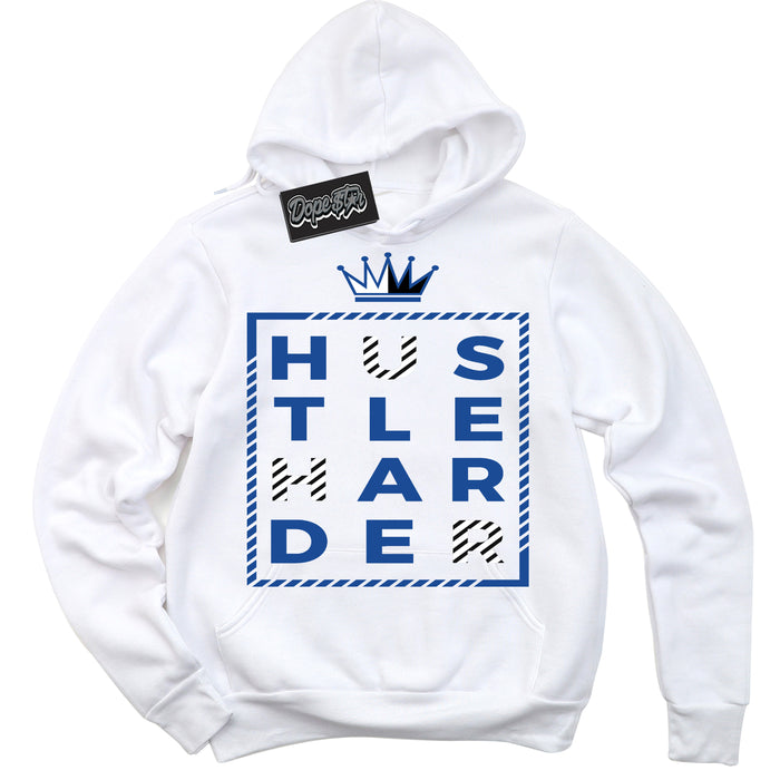 AJ12 Retro Blueberry ‘Hustle Harder’ – White Streetwear Hoodie | Sneaker Matching sweatshirt for AJ12 Retro Blueberry | Men's and Women's Streetwear Graphic Hoodie by Sneaker Shirts Outlet.
