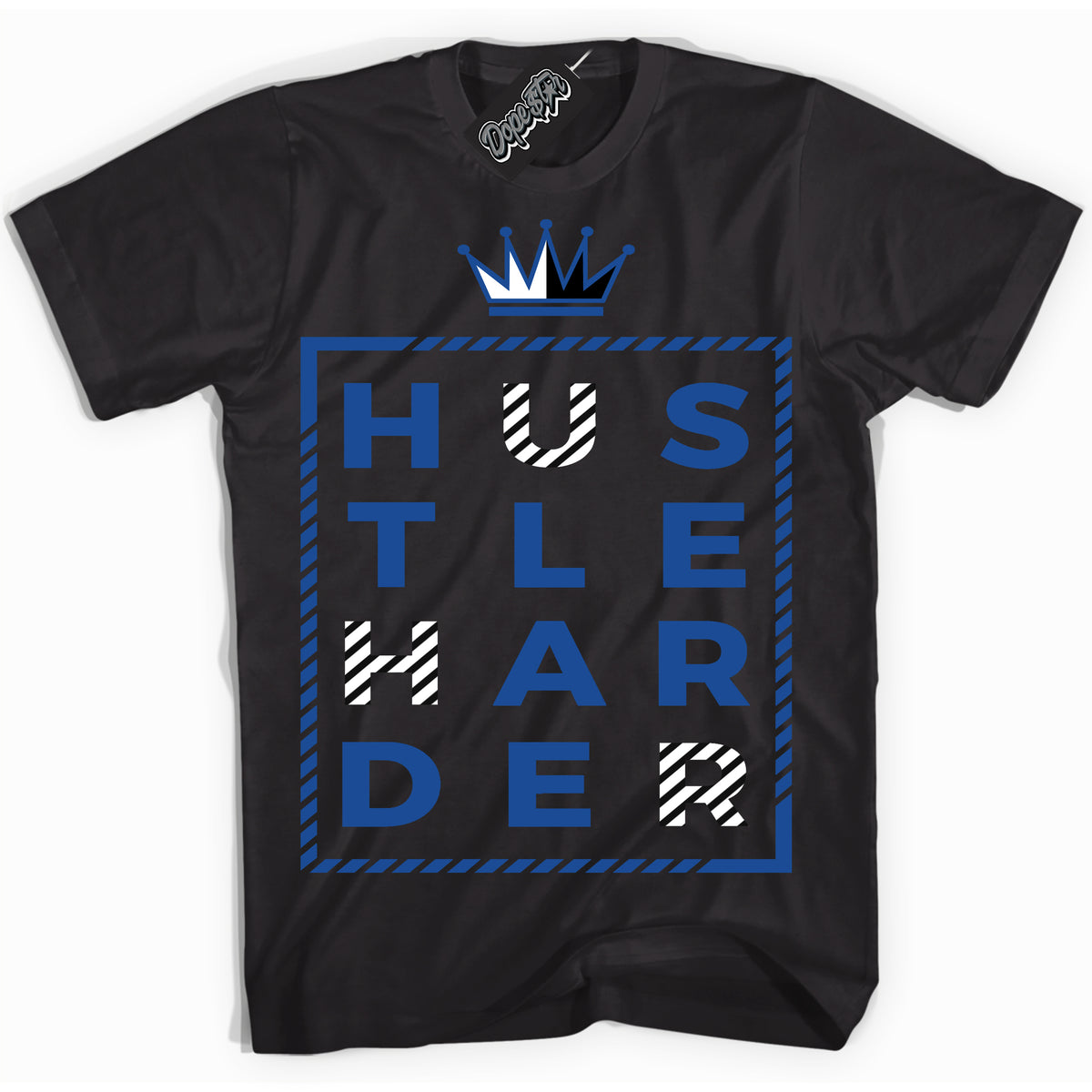 AJ12 Retro Blueberry ‘Hustle Harder’ – Black Streetwear T-Shirt | Sneaker Matching shirt for AJ12 Retro Blueberry | Men's and Women's Streetwear Graphic Tee by Sneaker Shirts Outlet.
