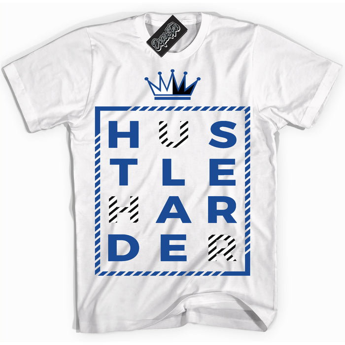 AJ12 Retro Blueberry ‘Hustle Harder’ – White Streetwear T-Shirt | Sneaker Matching shirt for AJ12 Retro Blueberry | Men's and Women's Streetwear Graphic Tee by Sneaker Shirts Outlet.

