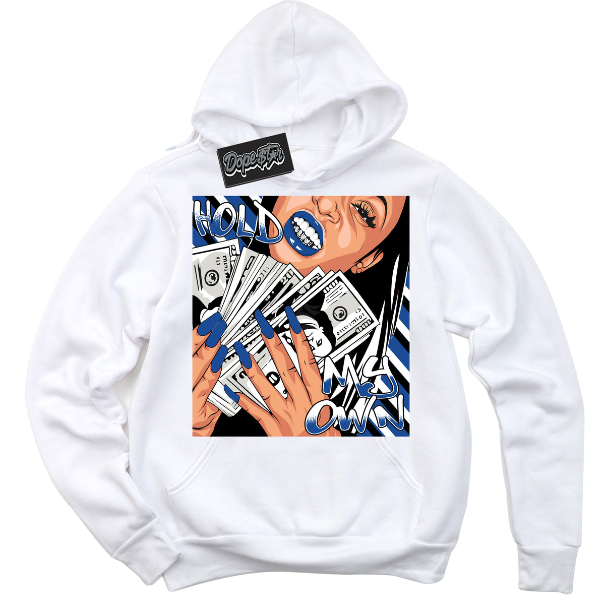 AJ12 Retro Blueberry ‘Hold My Own’ – White Streetwear Hoodie | Sneaker Matching sweatshirt for AJ12 Retro Blueberry | Men's and Women's Streetwear Graphic Hoodie by Sneaker Shirts Outlet.
