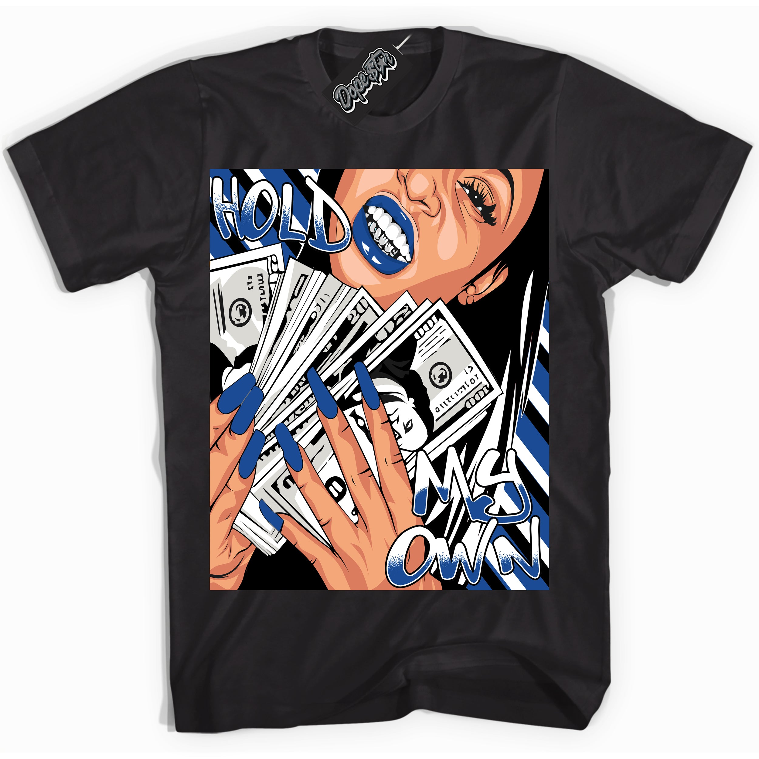 AJ12 Retro Blueberry ‘Hold My Own’ – Black Streetwear T-Shirt | Sneaker Matching shirt for AJ12 Retro Blueberry | Men's and Women's Streetwear Graphic Tee by Sneaker Shirts Outlet.
