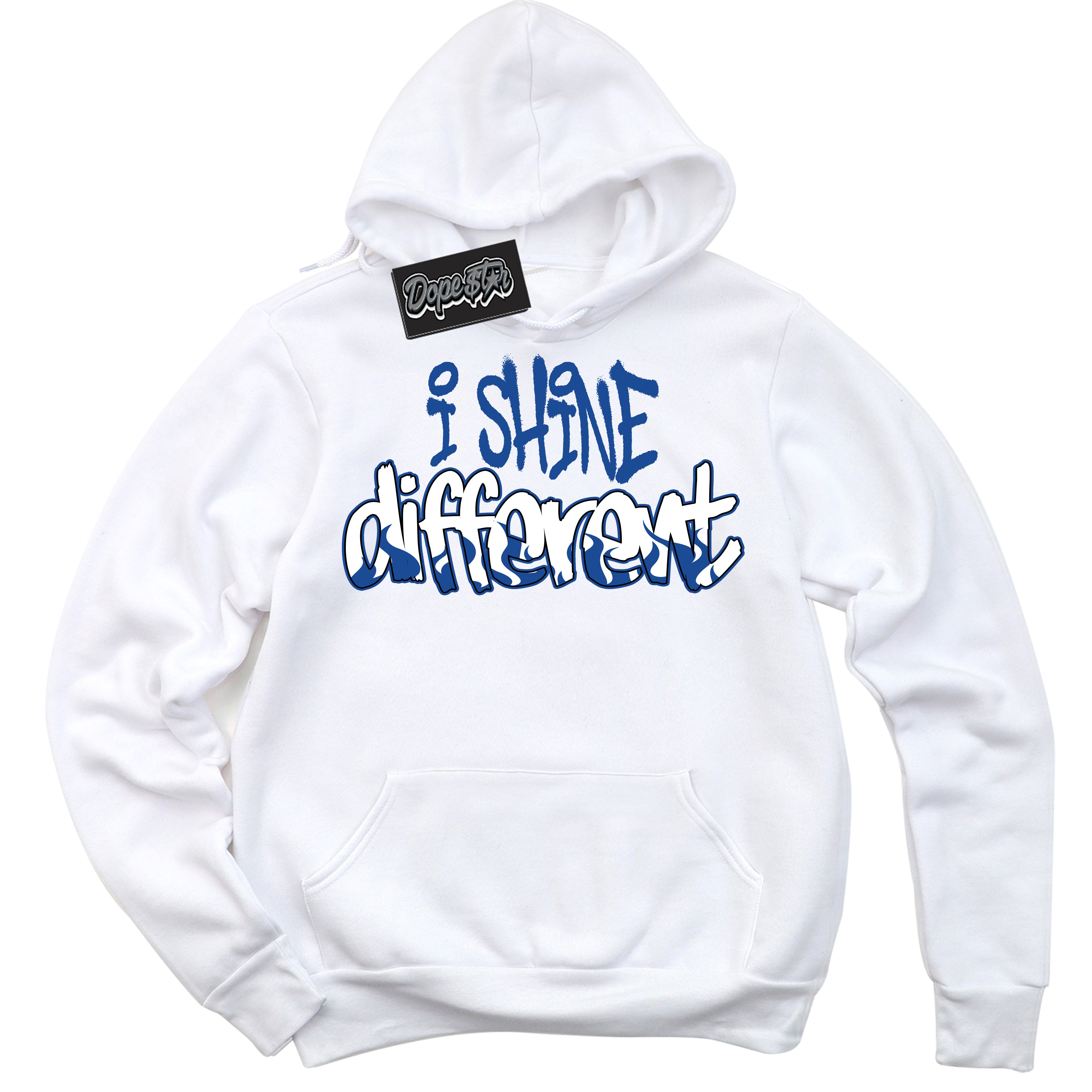 AJ12 Retro Blueberry ‘I Shine Different’ – White Streetwear Hoodie | Sneaker Matching sweatshirt for AJ12 Retro Blueberry | Men's and Women's Streetwear Graphic Hoodie by Sneaker Shirts Outlet.
