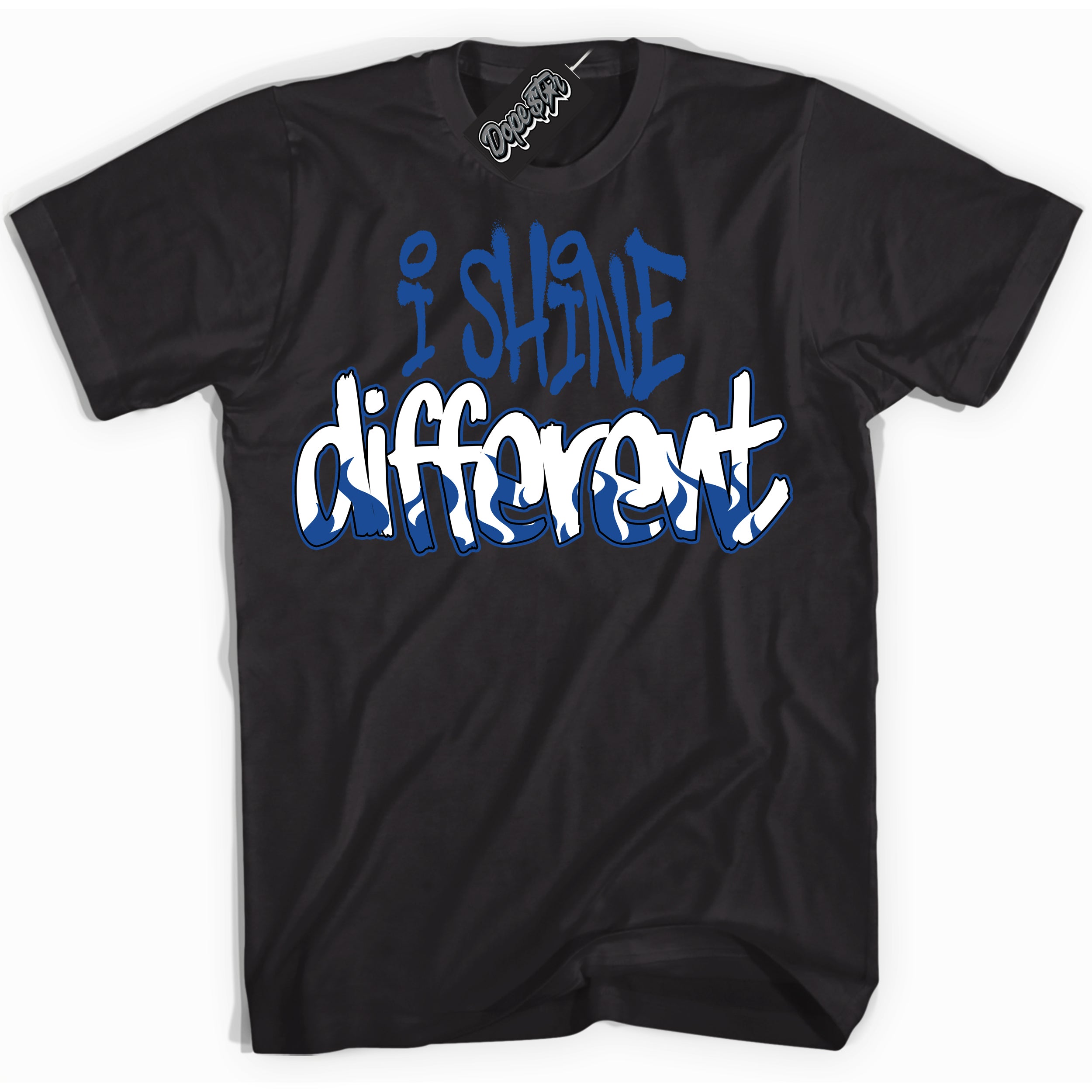 AJ12 Retro Blueberry ‘I Shine Different’ – Black Streetwear T-Shirt | Sneaker Matching shirt for AJ12 Retro Blueberry | Men's and Women's Streetwear Graphic Tee by Sneaker Shirts Outlet.
