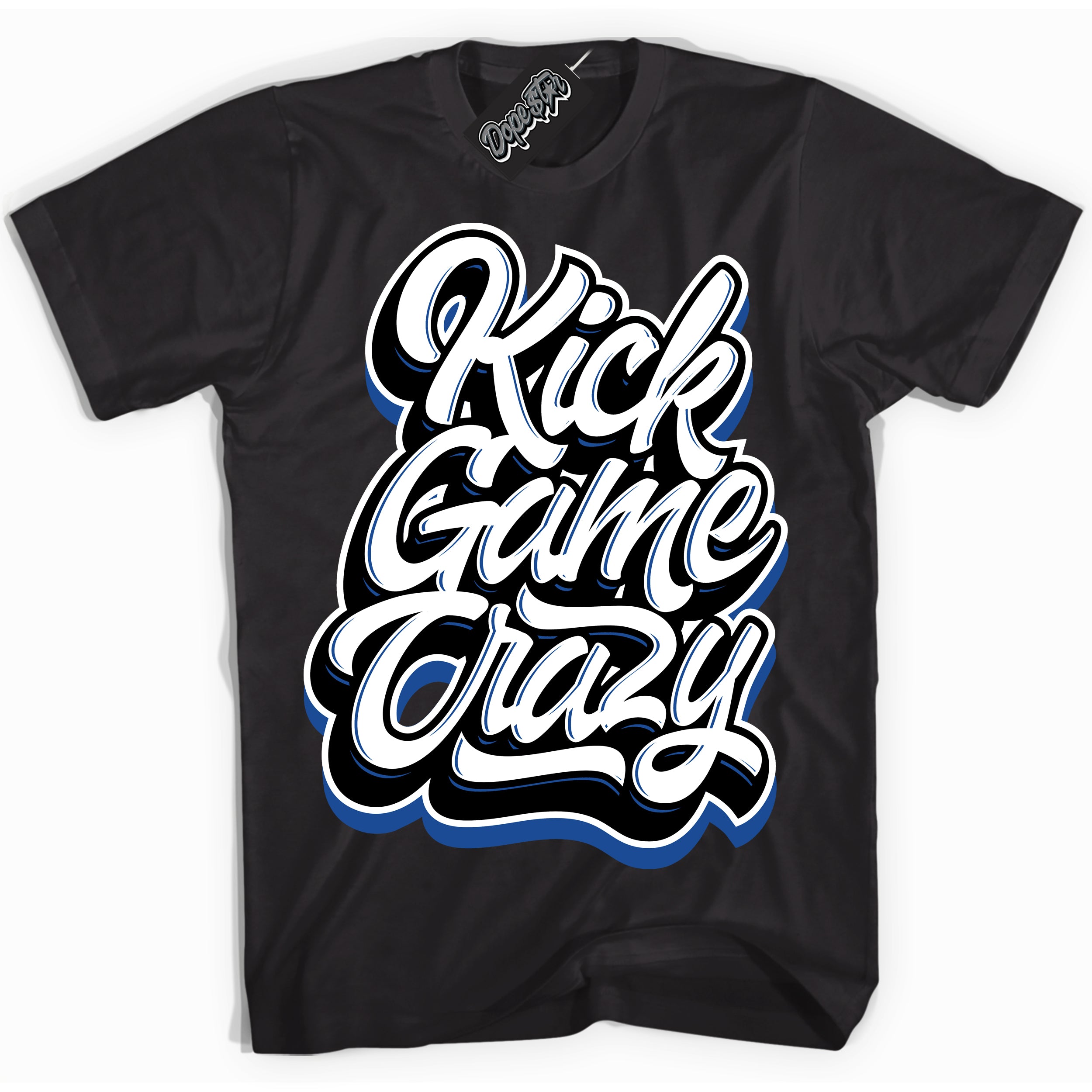 AJ12 Retro Blueberry ‘Kick Game Crazy’ – Black Streetwear T-Shirt | Sneaker Matching shirt for AJ12 Retro Blueberry | Men's and Women's Streetwear Graphic Tee by Sneaker Shirts Outlet.
