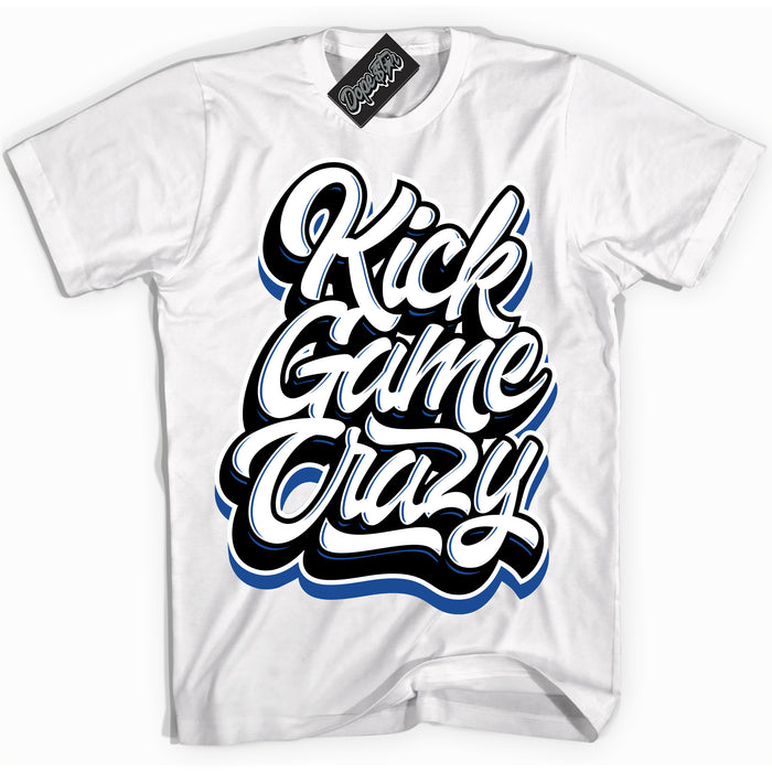 AJ12 Retro Blueberry ‘Kick Game Crazy’ – White Streetwear T-Shirt | Sneaker Matching shirt for AJ12 Retro Blueberry | Men's and Women's Streetwear Graphic Tee by Sneaker Shirts Outlet.
