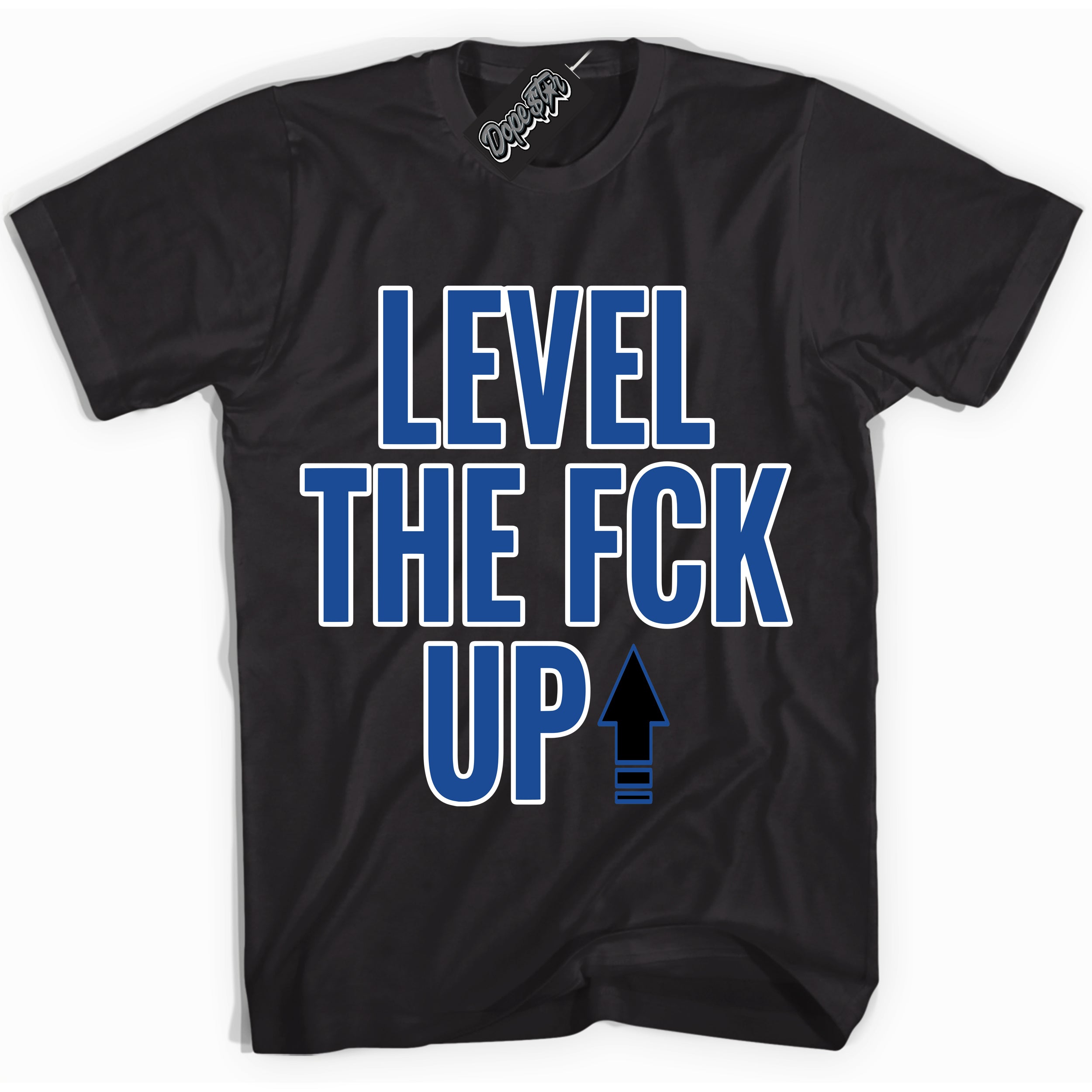 AJ12 Retro Blueberry ‘Level The Fck Up’ – Black Streetwear T-Shirt | Sneaker Matching shirt for AJ12 Retro Blueberry | Men's and Women's Streetwear Graphic Tee by Sneaker Shirts Outlet.
