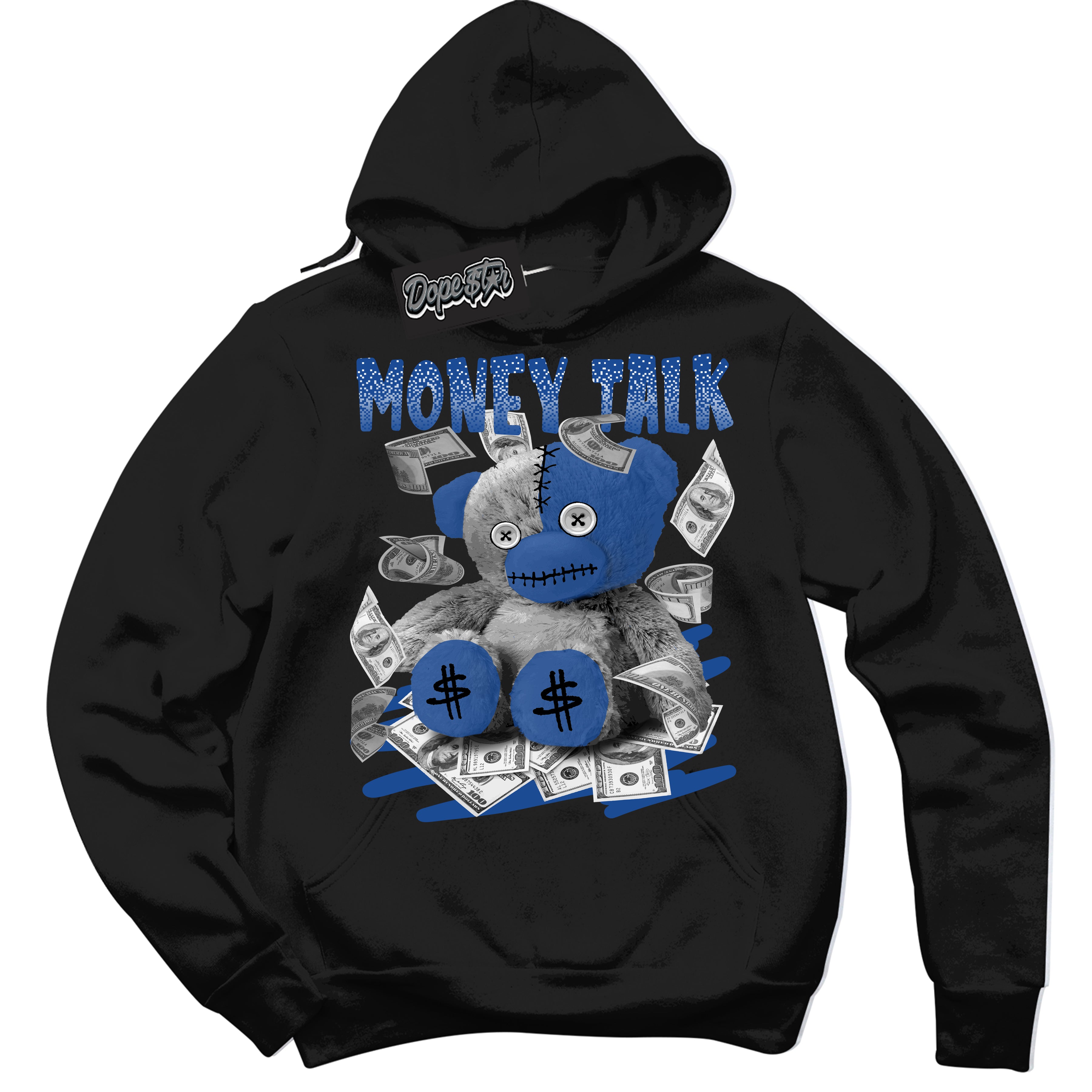 AJ12 Retro Blueberry ‘Money Talk Bear’ – Black Streetwear Hoodie | Sneaker Matching sweatshirt for AJ12 Retro Blueberry | Men's and Women's Streetwear Graphic Hoodie by Sneaker Shirts Outlet.
