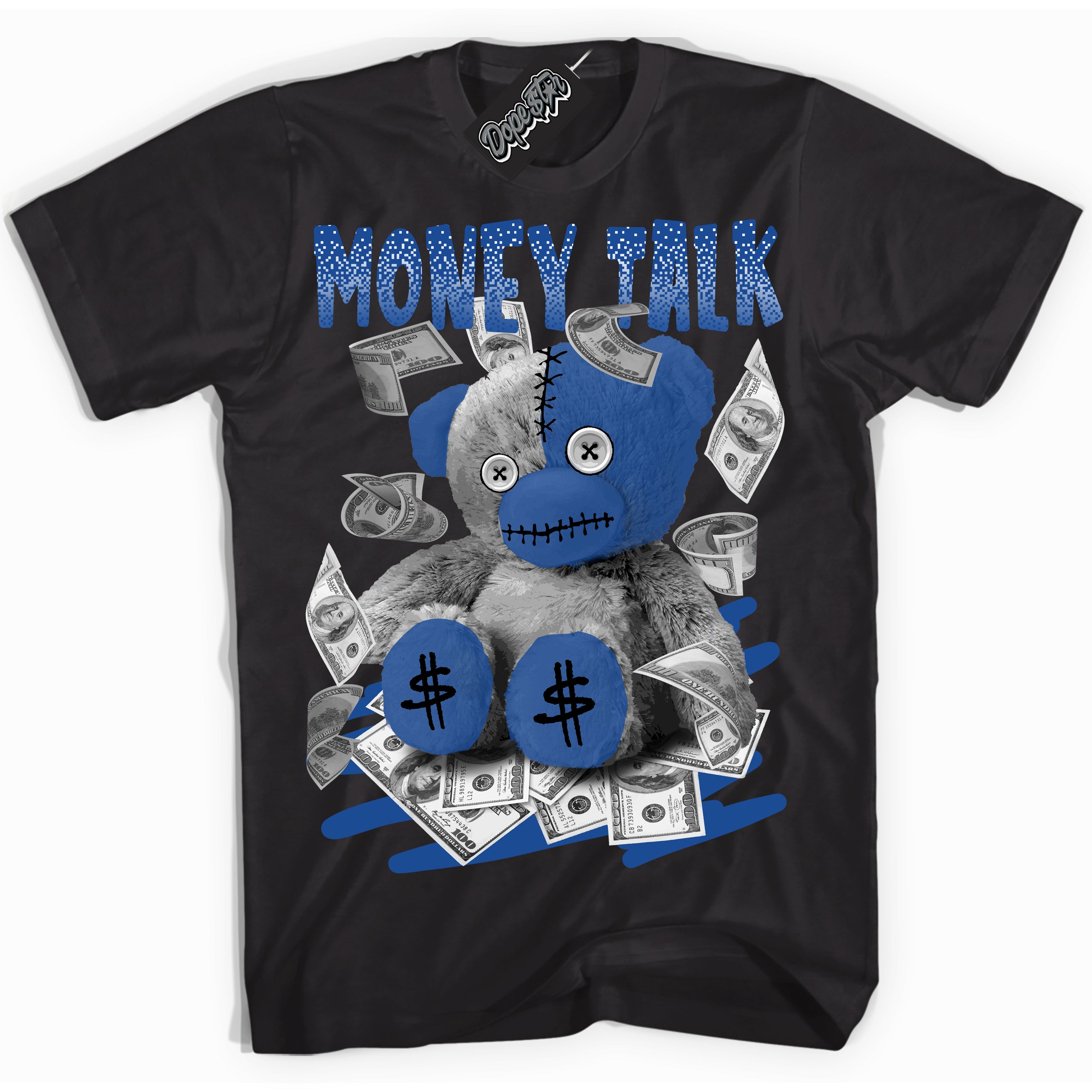 AJ12 Retro Blueberry ‘Money Talk Bear’ – Black Streetwear T-Shirt | Sneaker Matching shirt for AJ12 Retro Blueberry | Men's and Women's Streetwear Graphic Tee by Sneaker Shirts Outlet.
