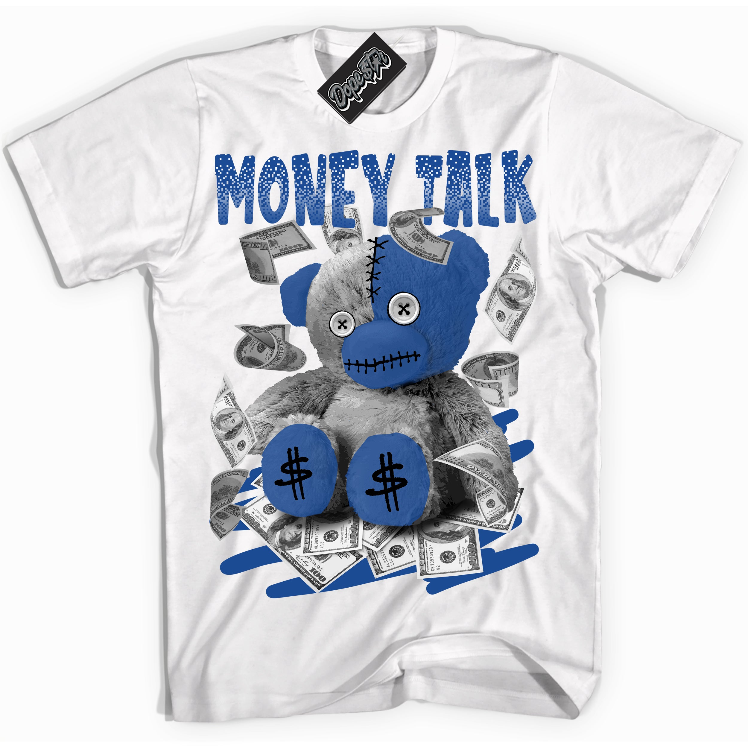 AJ12 Retro Blueberry ‘Money Talk Bear’ – White Streetwear T-Shirt | Sneaker Matching shirt for AJ12 Retro Blueberry | Men's and Women's Streetwear Graphic Tee by Sneaker Shirts Outlet.
