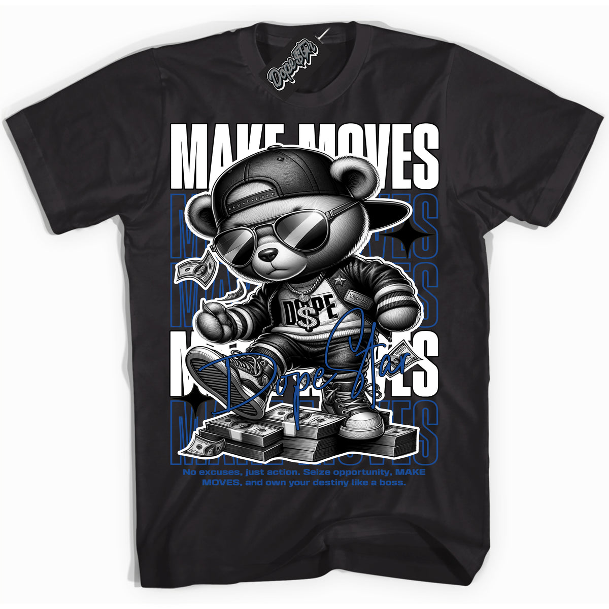 AJ12 Retro Blueberry ‘Make Moves’ – Black Streetwear T-Shirt | Sneaker Matching shirt for AJ12 Retro Blueberry | Men's and Women's Streetwear Graphic Tee by Sneaker Shirts Outlet.
