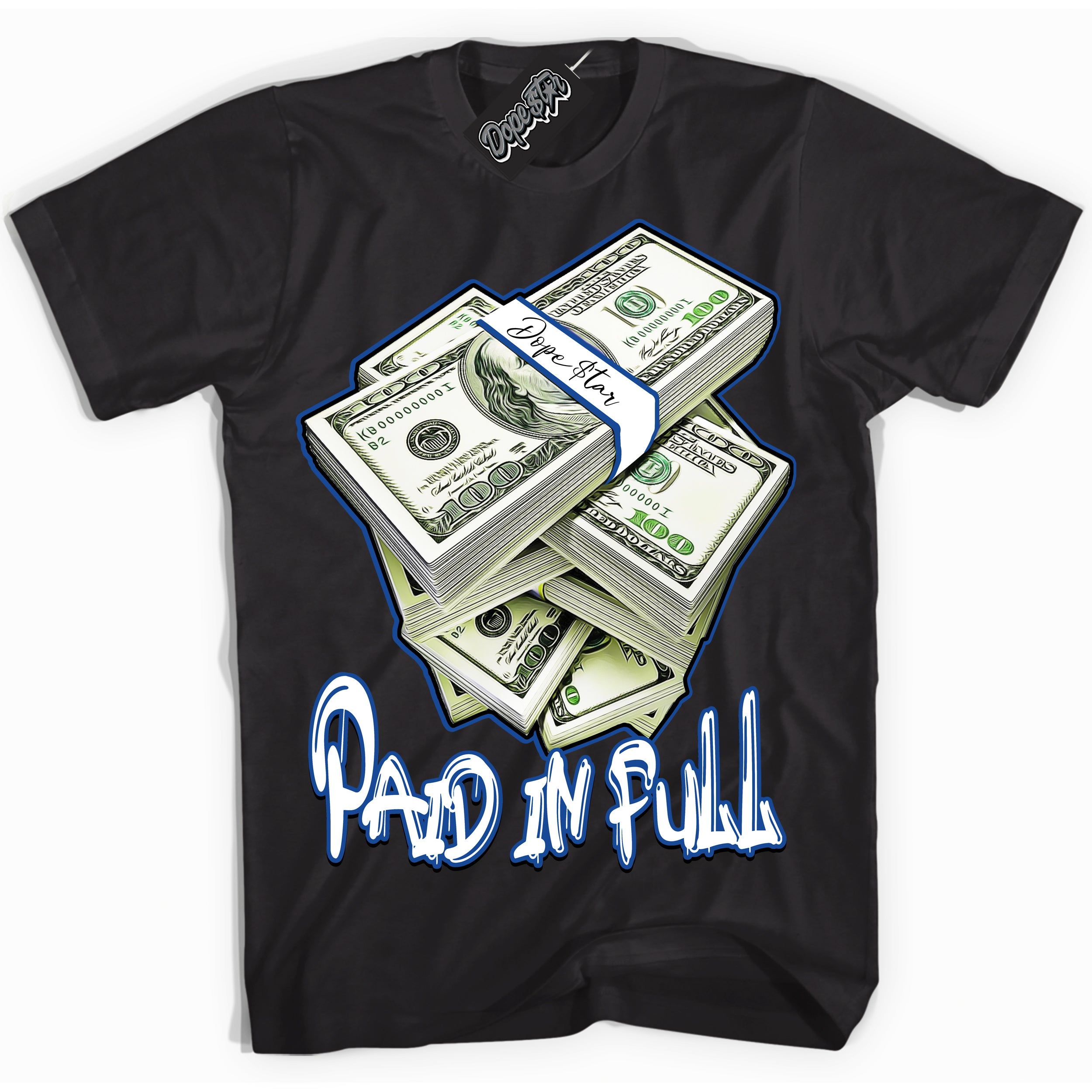 AJ12 Retro Blueberry ‘Paid In Full’ – Black Streetwear T-Shirt | Sneaker Matching shirt for AJ12 Retro Blueberry | Men's and Women's Streetwear Graphic Tee by Sneaker Shirts Outlet.
