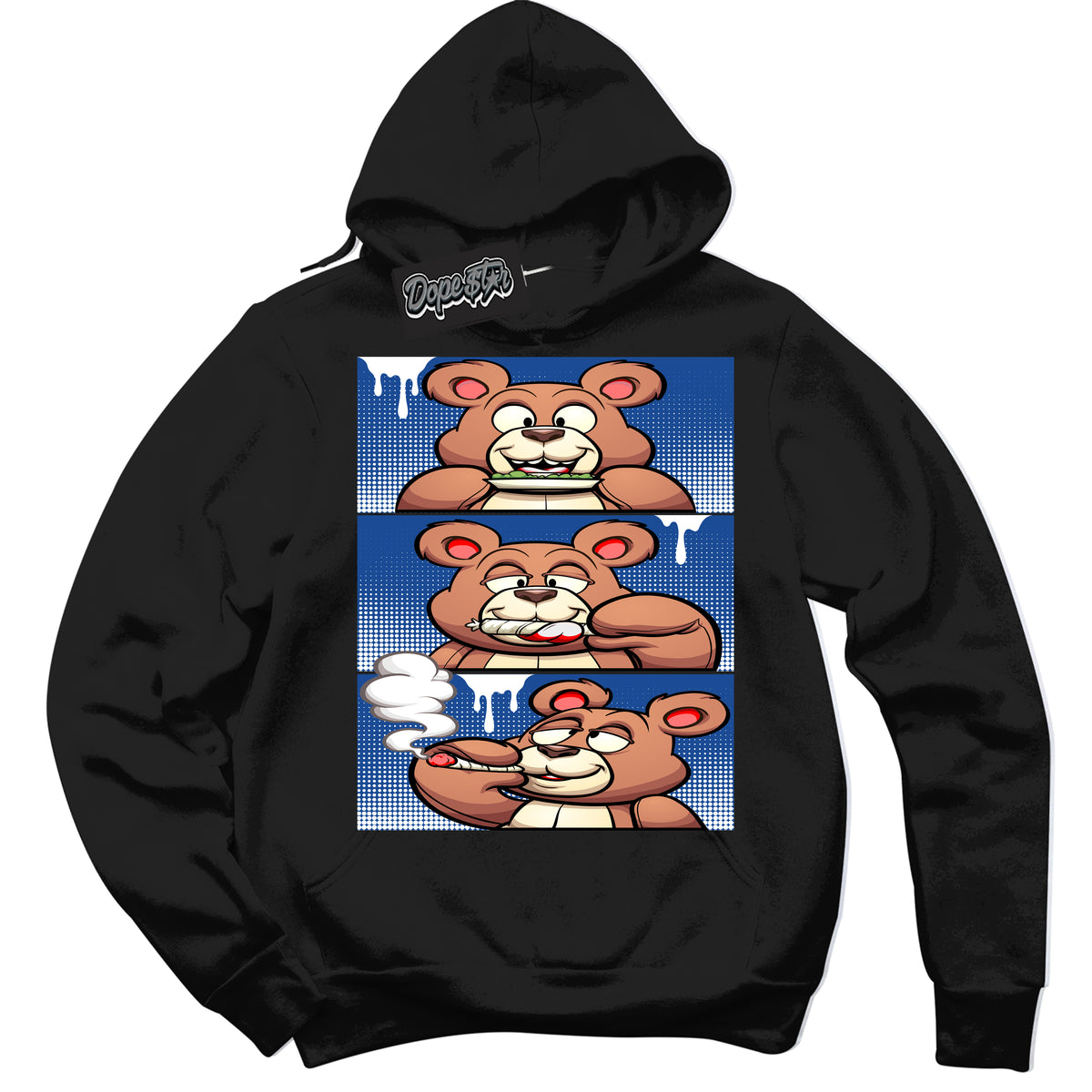 AJ12 Retro Blueberry ‘Roll It Lick It Smoke It Bear’ – Black Streetwear Hoodie | Sneaker Matching sweatshirt for AJ12 Retro Blueberry | Men's and Women's Streetwear Graphic Hoodie by Sneaker Shirts Outlet.
