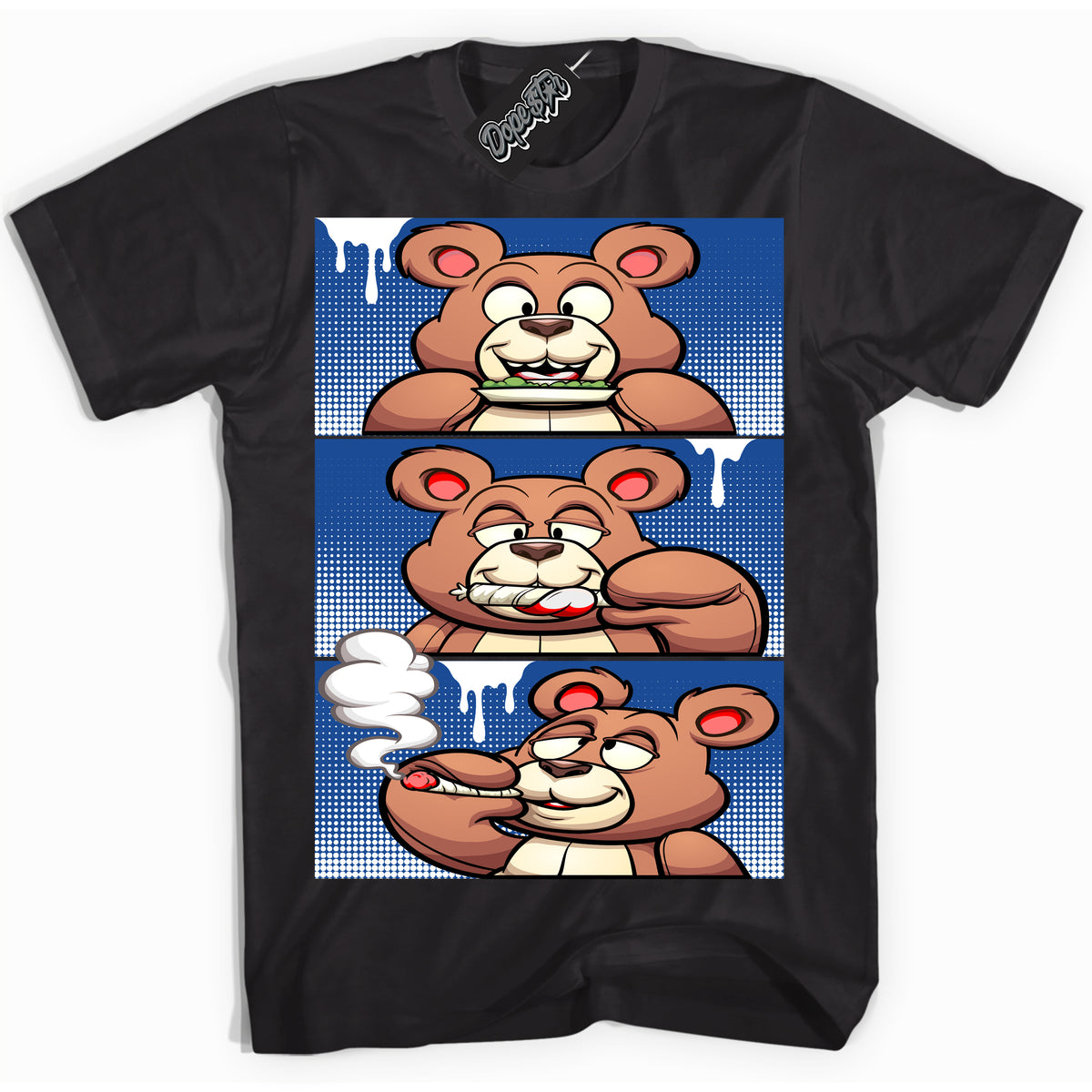 AJ12 Retro Blueberry ‘Roll It Lick It Smoke It Bear’ – Black Streetwear T-Shirt | Sneaker Matching shirt for AJ12 Retro Blueberry | Men's and Women's Streetwear Graphic Tee by Sneaker Shirts Outlet.
