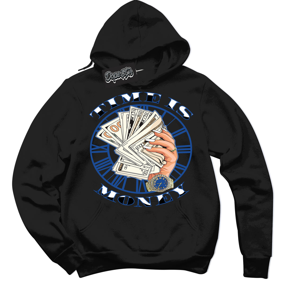 AJ12 Retro Blueberry ‘Time Is Money’ – Black Streetwear Hoodie | Sneaker Matching sweatshirt for AJ12 Retro Blueberry | Men's and Women's Streetwear Graphic Hoodie by Sneaker Shirts Outlet.
